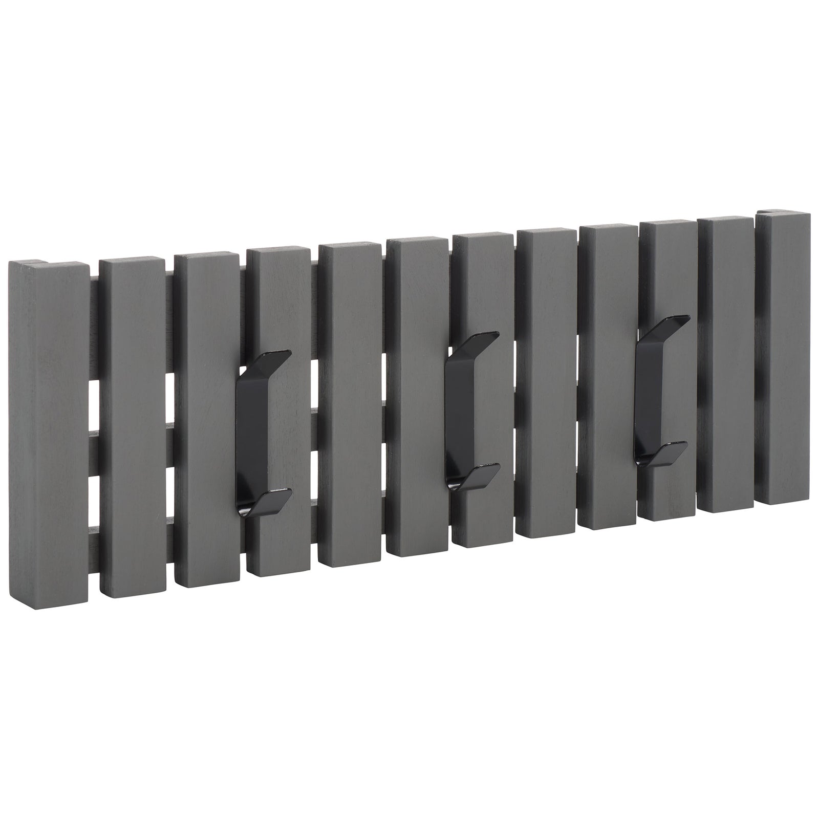 Cool gray wood slats and three outward-reaching black hooks keep bags and jackets neatly in place. || STG5704A || front_angle_studio