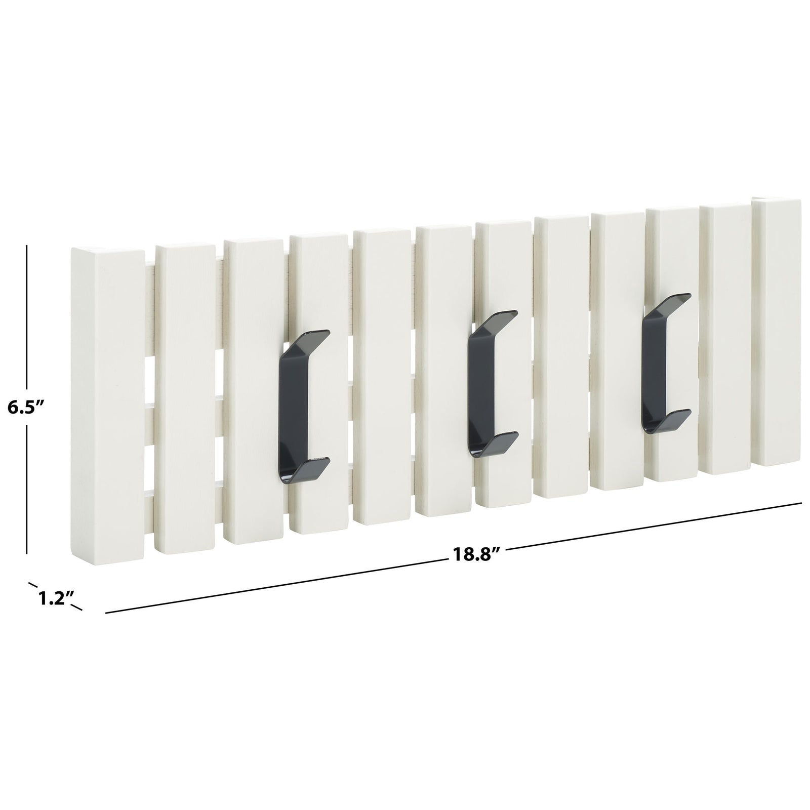The white slatted rack measures 18.8 inches wide, 6.5 inches high and 1.2 inches deep, with three metal hooks. || STG5704C || dimension_studio