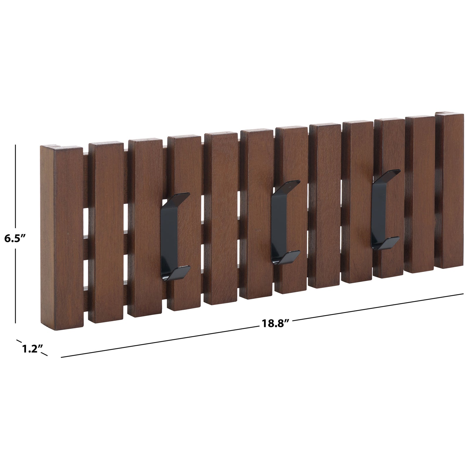 At 18.8 inches wide, 6.5 inches high and 1.2 inches deep, the brown wood rack adds space-saving storage. || STG5704D || dimension_studio