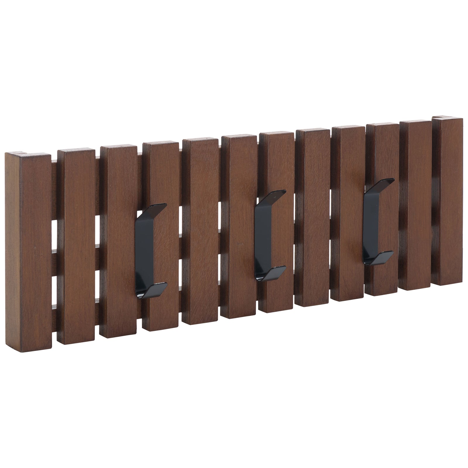 Warm brown slats and three double-prong metal hooks lend a streamlined look to everyday wall storage. || STG5704D || front_angle_studio