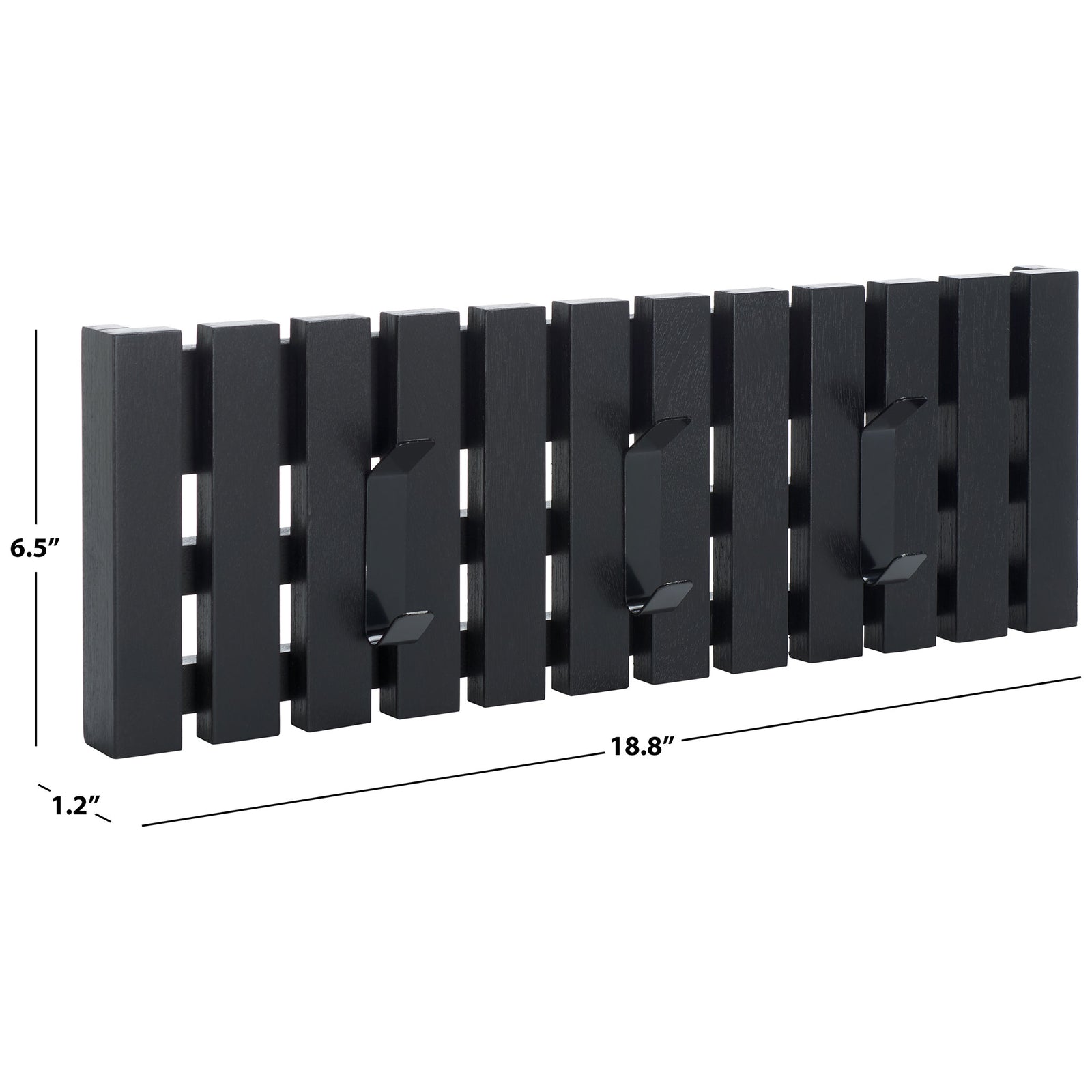 The slim black slatted rack spans 18.8 inches wide and 6.5 inches high, with a 1.2-inch depth. || STG5704E || dimension_studio