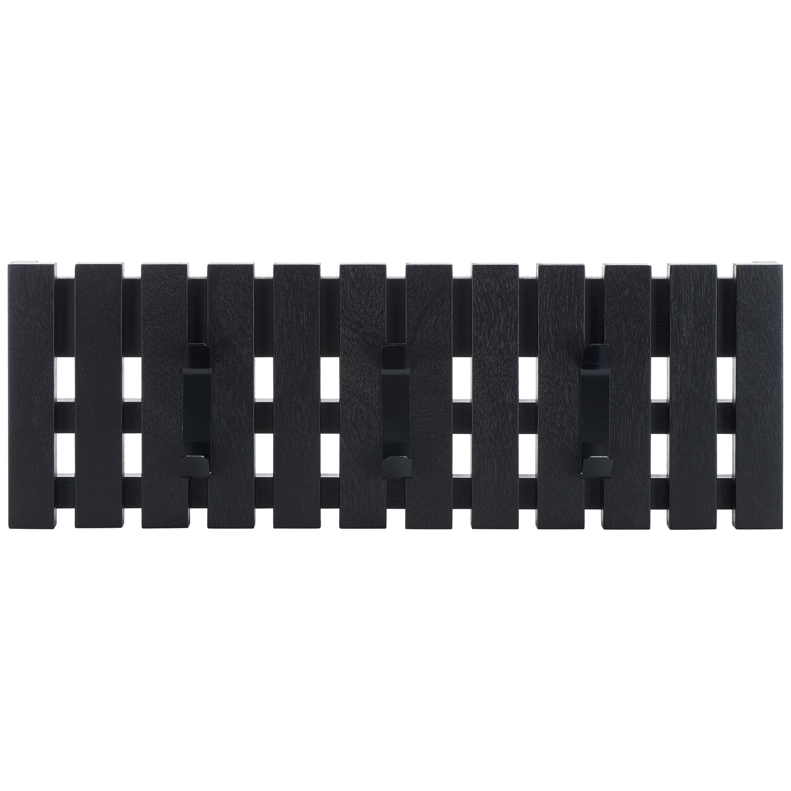 Three evenly spaced black metal hooks line a black slatted wood rack for tidy coats, bags and hats. || STG5704E || front_studio