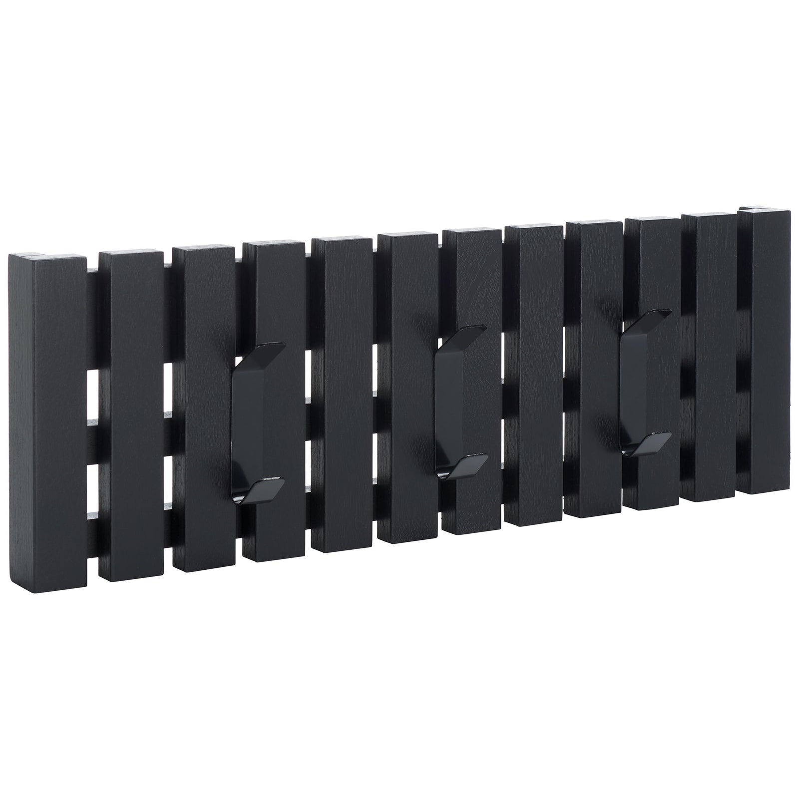 Slim black wood slats and three projecting double hooks make room for layers without taking up floor space. || STG5704E || front_angle_studio