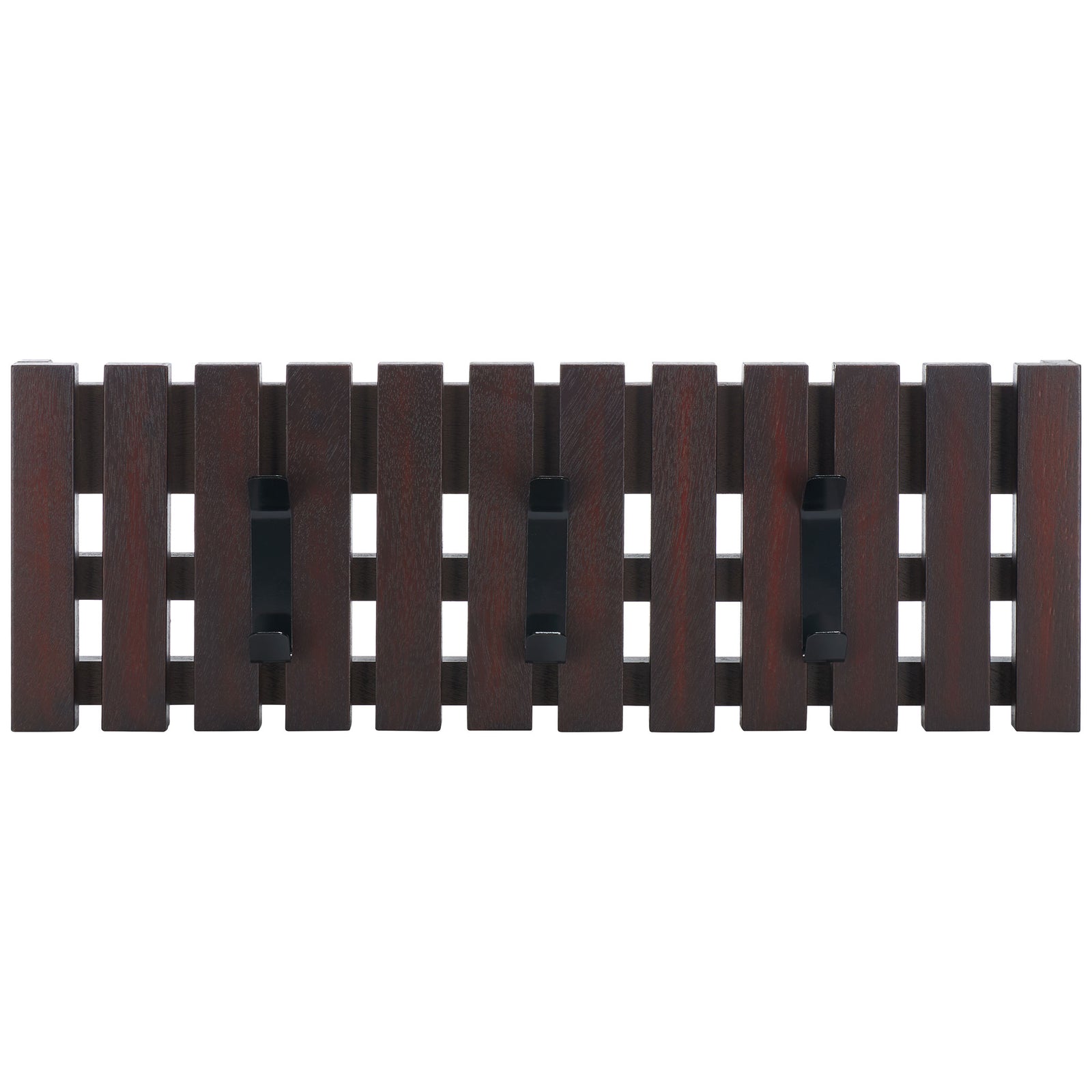 Three black dual-prong hooks punctuate a dark brown slatted wood rack for organized coats and bags. || STG5704F || front_studio