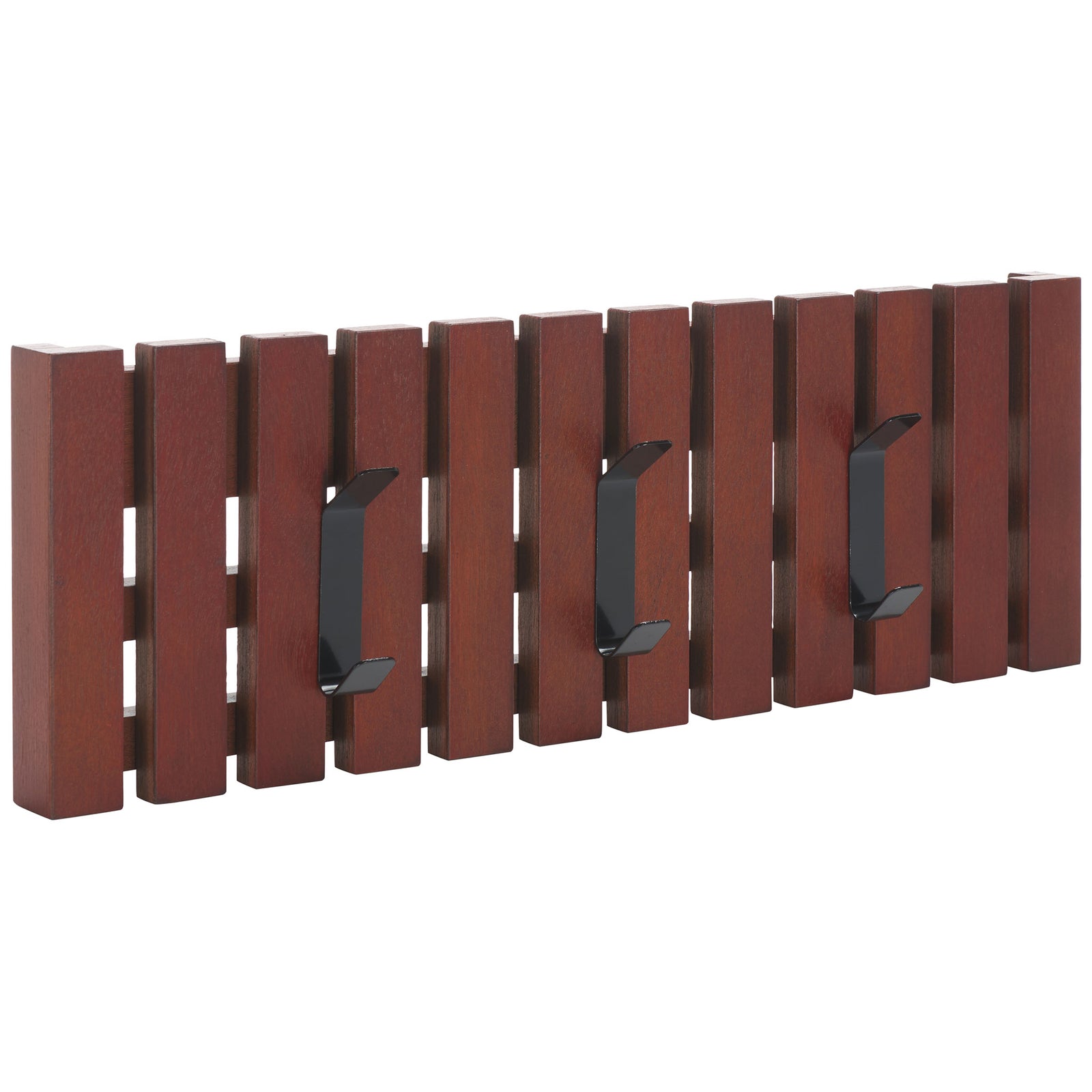 Three double-prong black hooks stand out from rich cherry-colored slats, keeping everyday layers within reach. || STG5704H || front_angle_studio