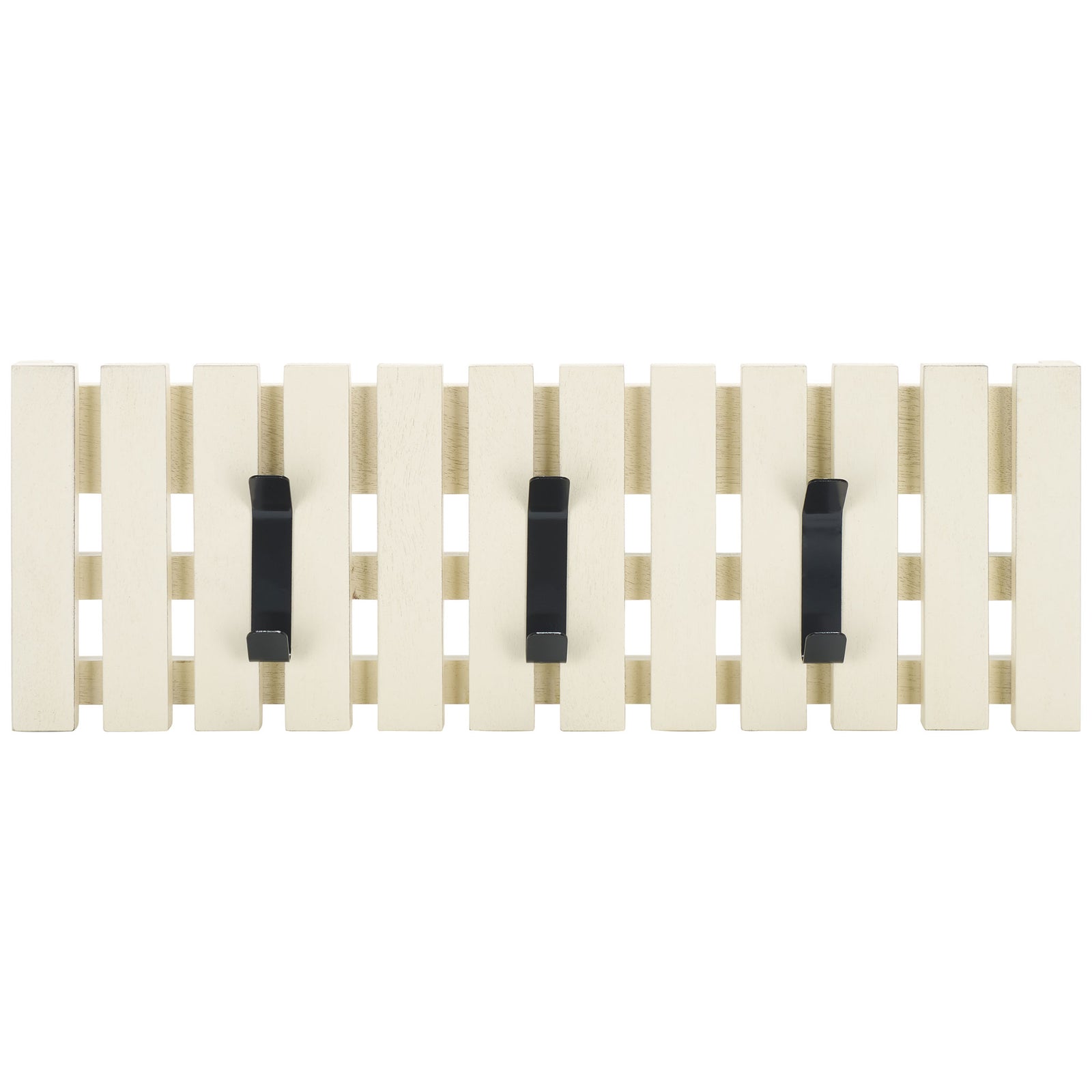 Three black metal hooks stand out against distressed white wooden slats for easy-to-reach wall storage. || STG5704L || front_studio