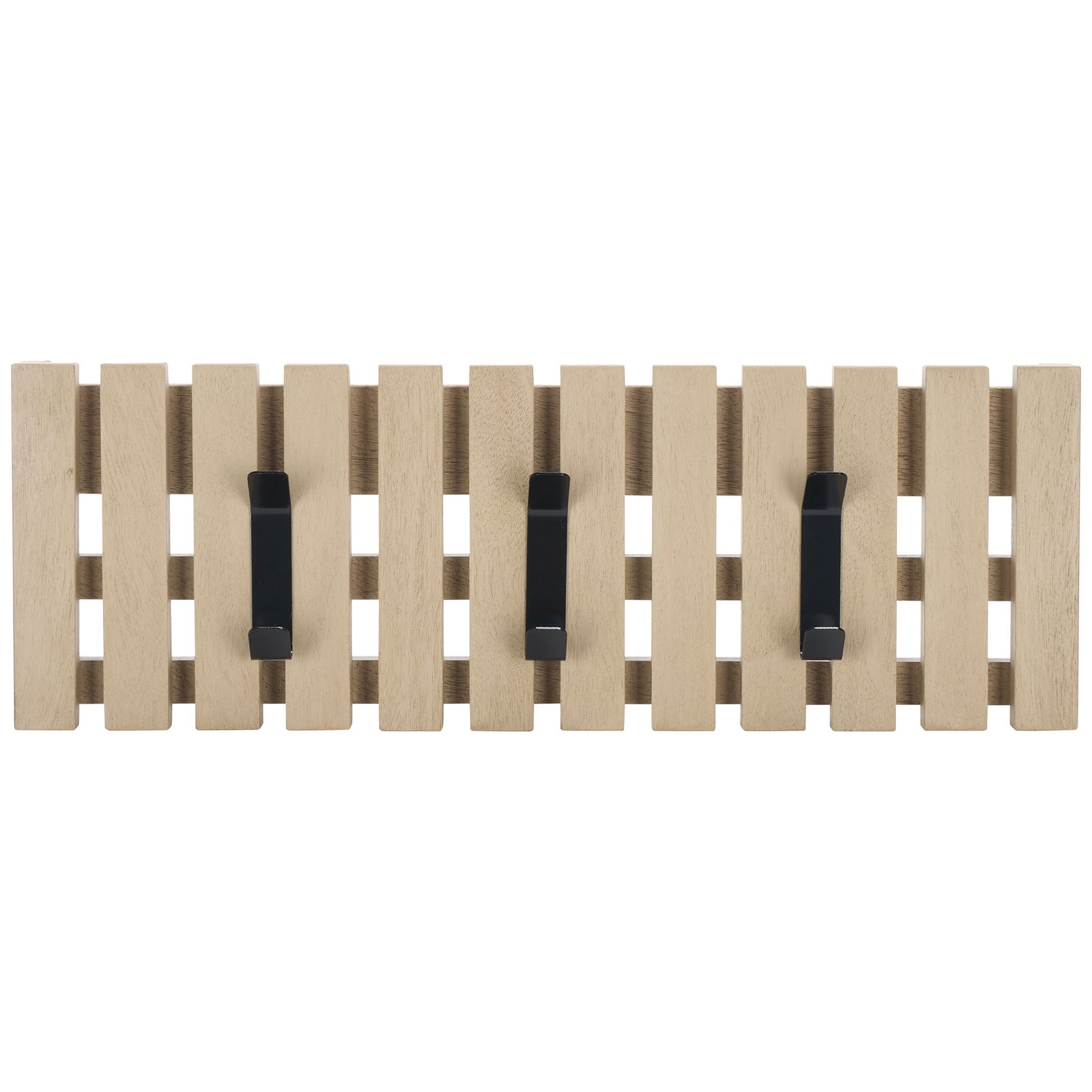 Three black metal hooks bring crisp contrast and convenient storage to a sand-colored slatted wood rack. || STG5704N || front_studio