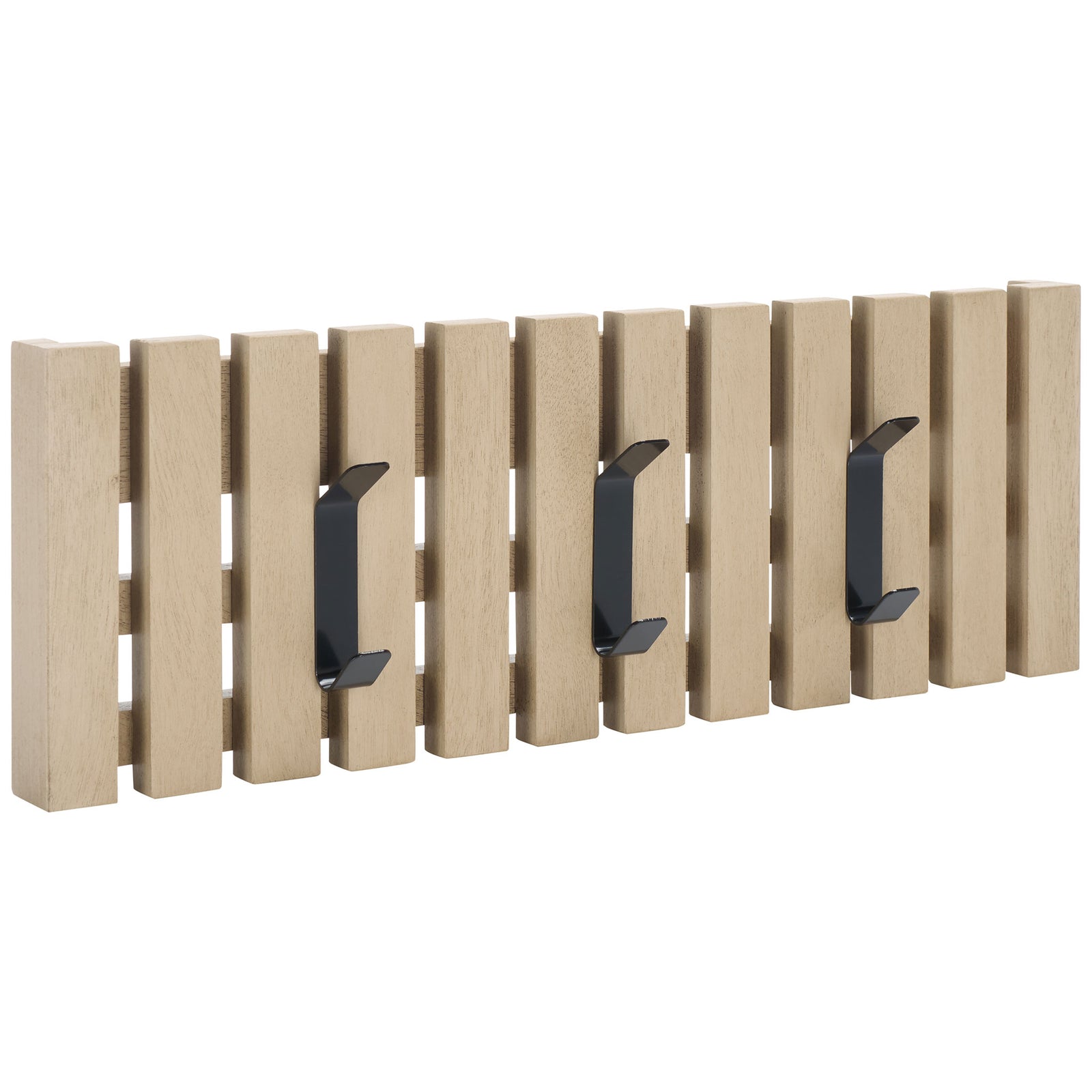 Pale wood slats pair with three black double hooks to organize everyday layers without crowding the wall. || STG5704N || front_angle_studio