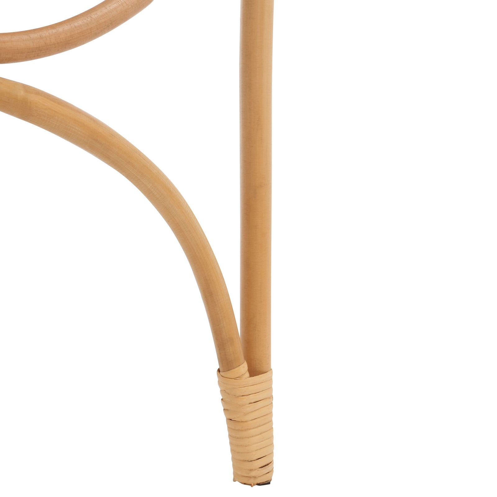 Pale rattan binding secures the curved base support to a slender, tapered foot. || STG6501A || leg_studio