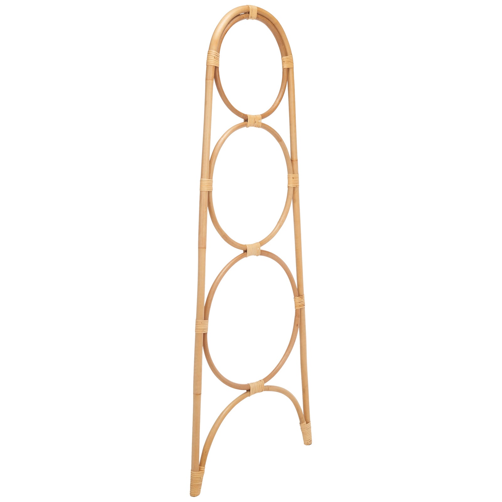 Slim natural rattan uprights rise around three rounded hanging tiers and an arched base. || STG6501A || side_studio