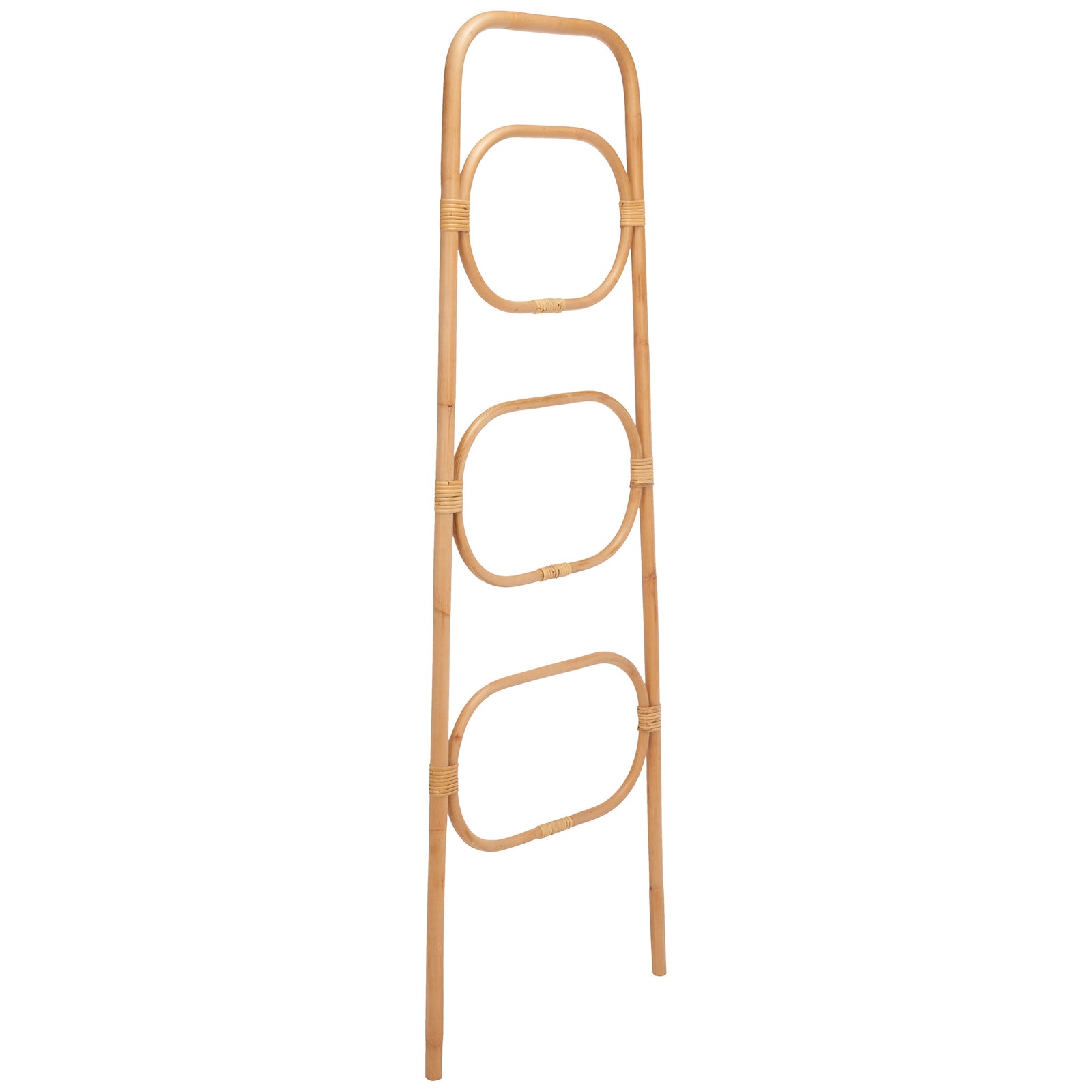 Slender natural rattan legs frame three rounded tiers for breezy, floor-leaning storage || STG6502A || front_angle_studio