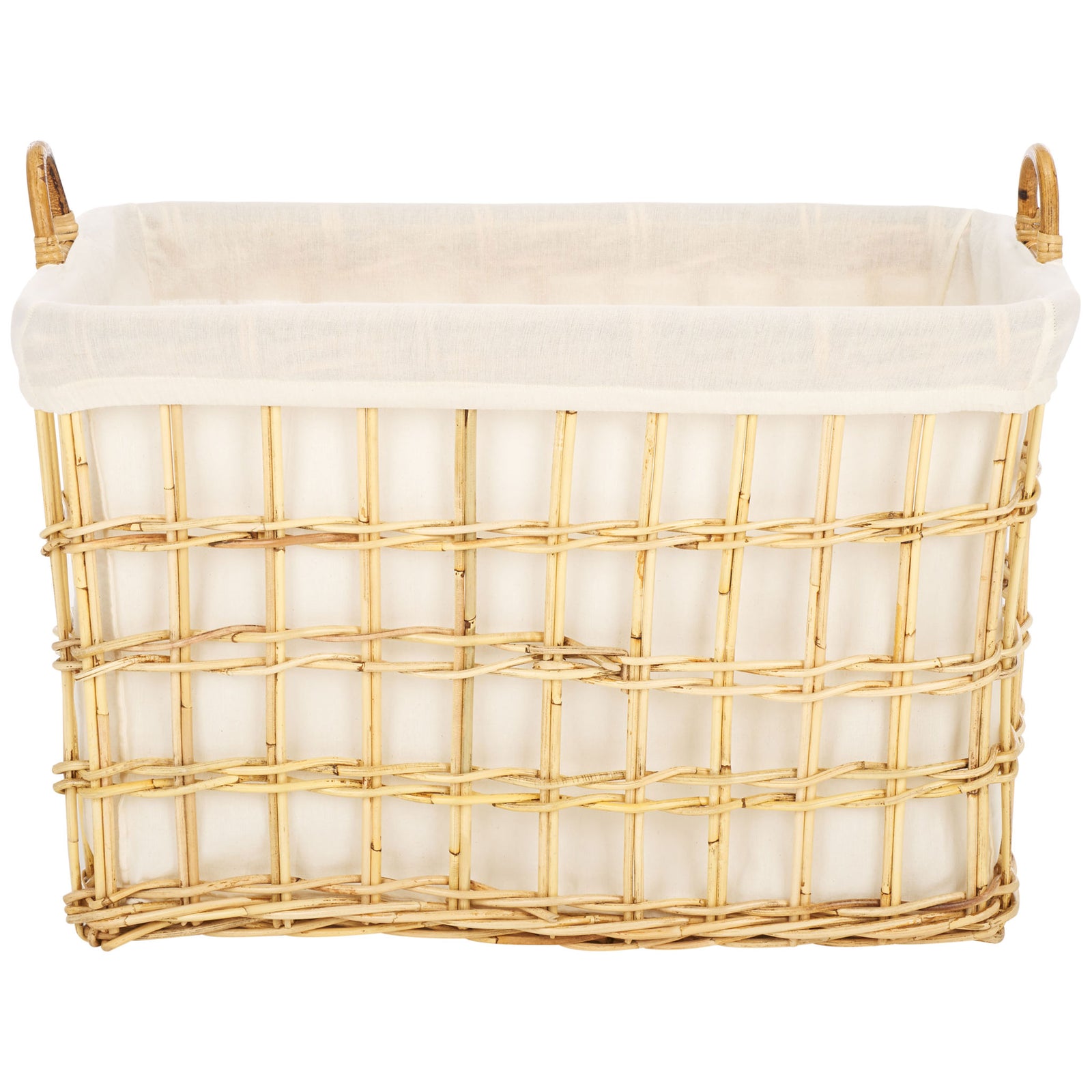 Wide natural rattan basket combines an open grid weave with a white liner and two loop handles || STG6503A || front_studio