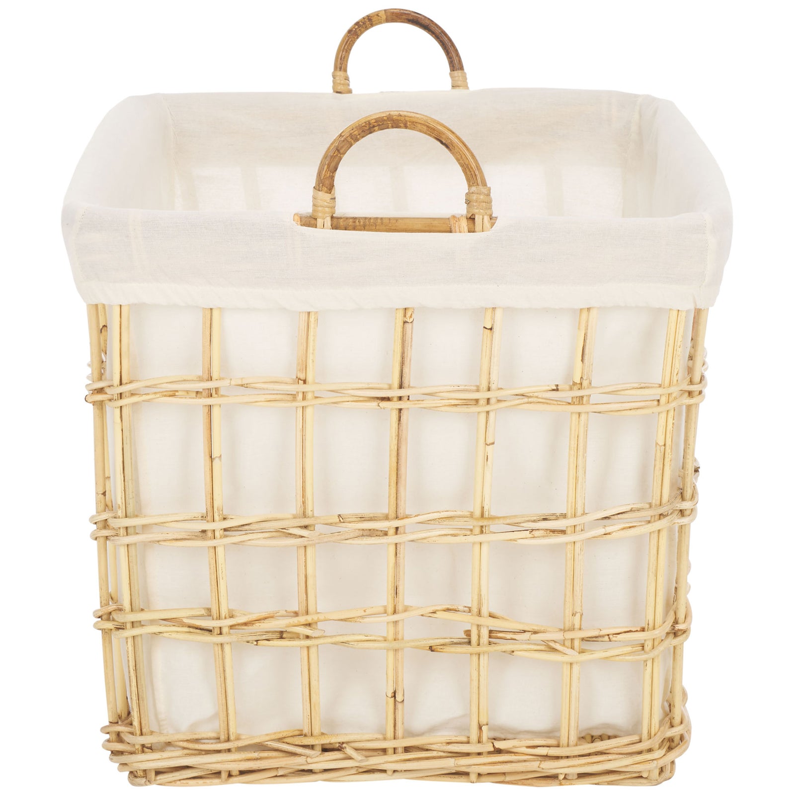 Rounded rattan handle crowns the basket's short side above a white liner and open grid weave || STG6503A || side_studio