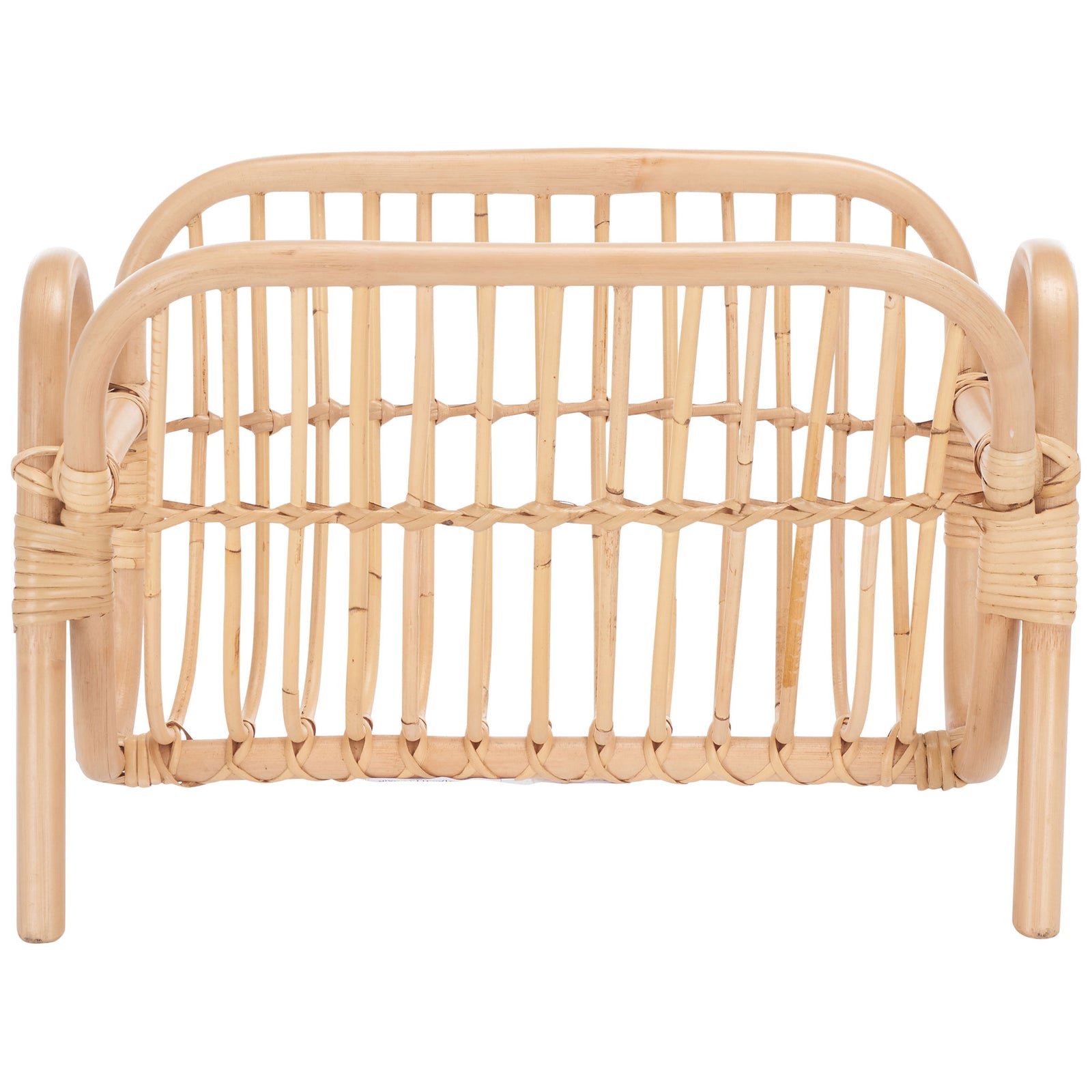 Airy rattan slats and gently arched rails keep magazines organized with a light, natural look. || STG6505A || front_studio