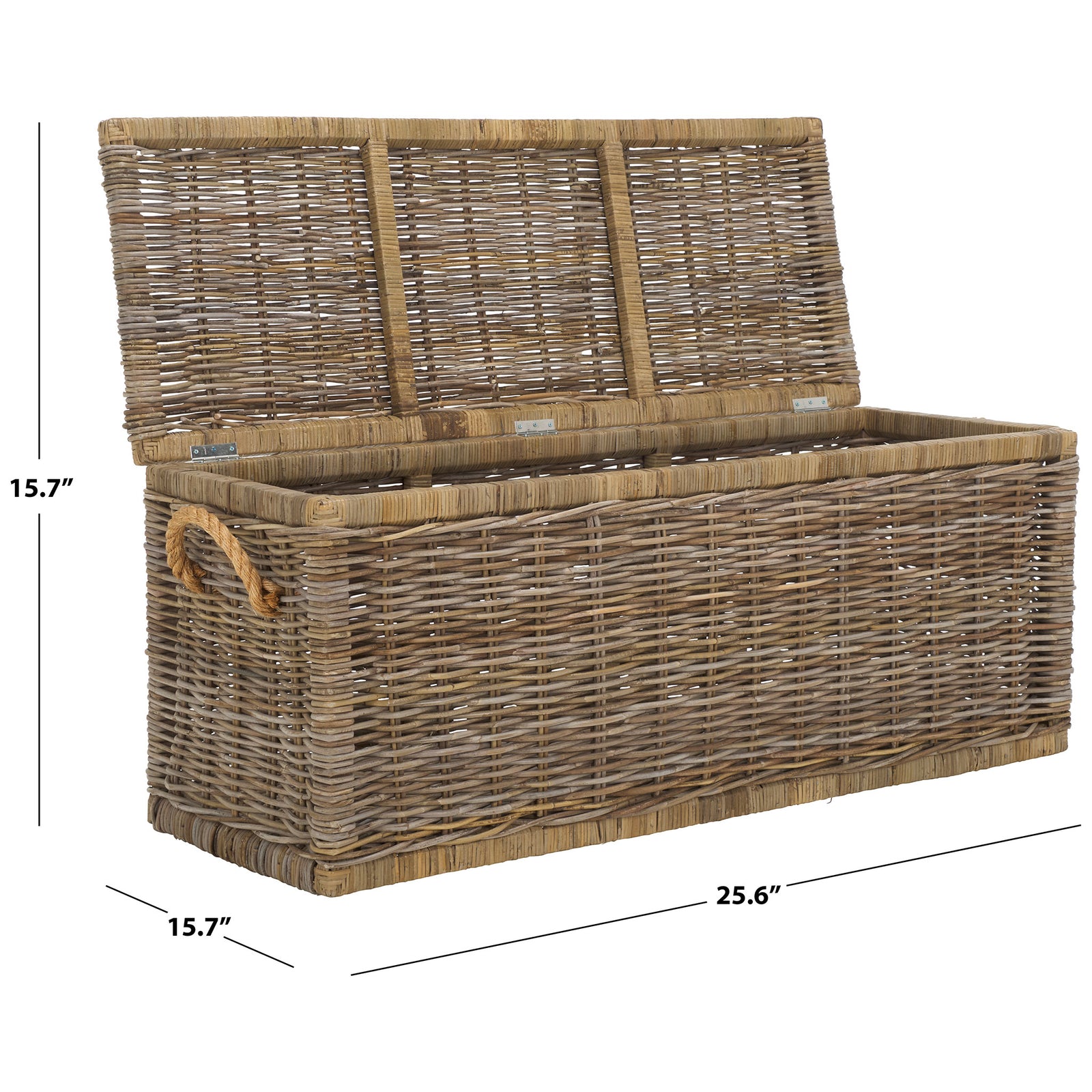 A hinged lid, open rattan weave, and rope handles make this trunk a versatile storage accent. || STG6506A || dimension_studio