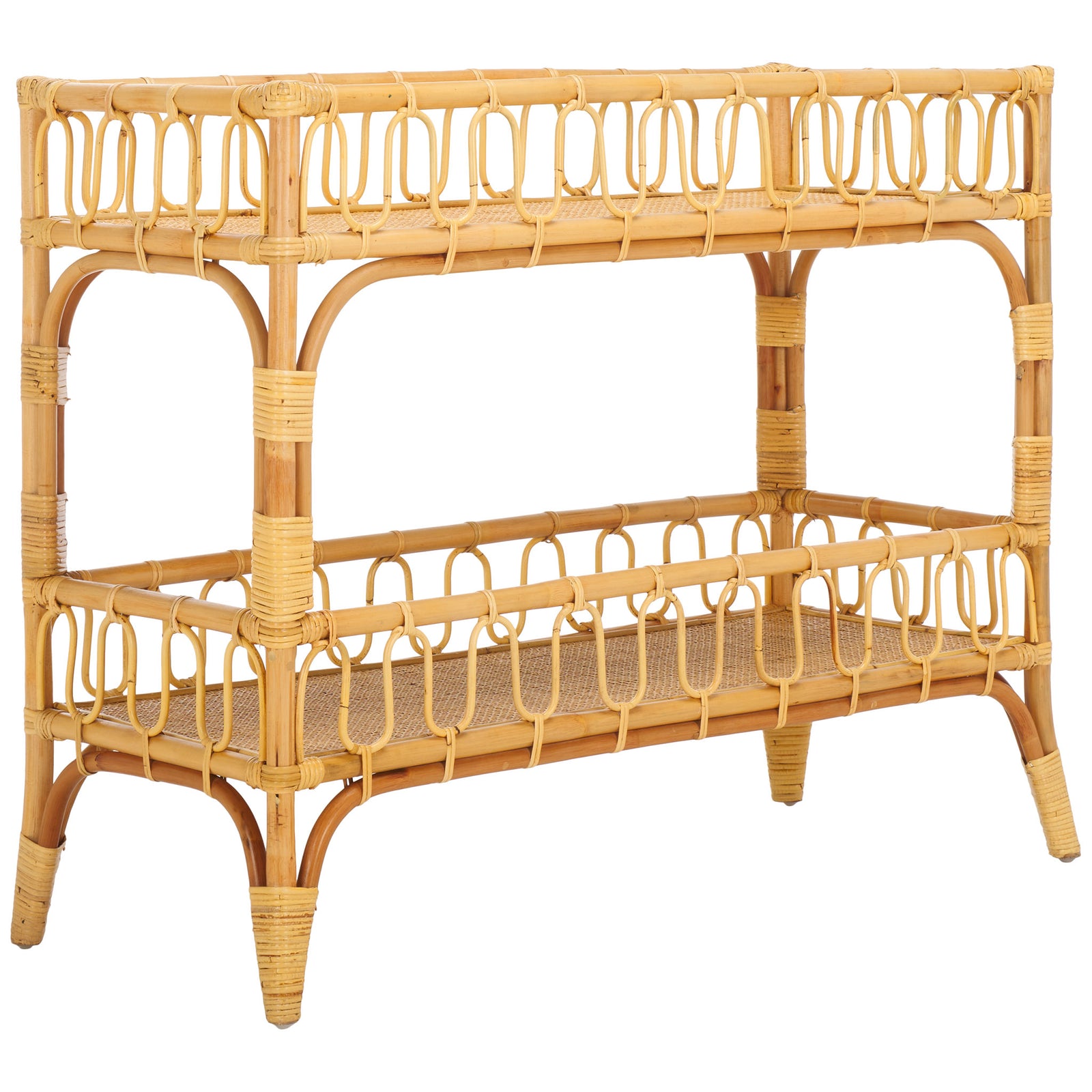 Arched braces, woven shelf bases, and basketlike rails lend the natural rattan console breezy appeal || STG6509A || front_angle_studio