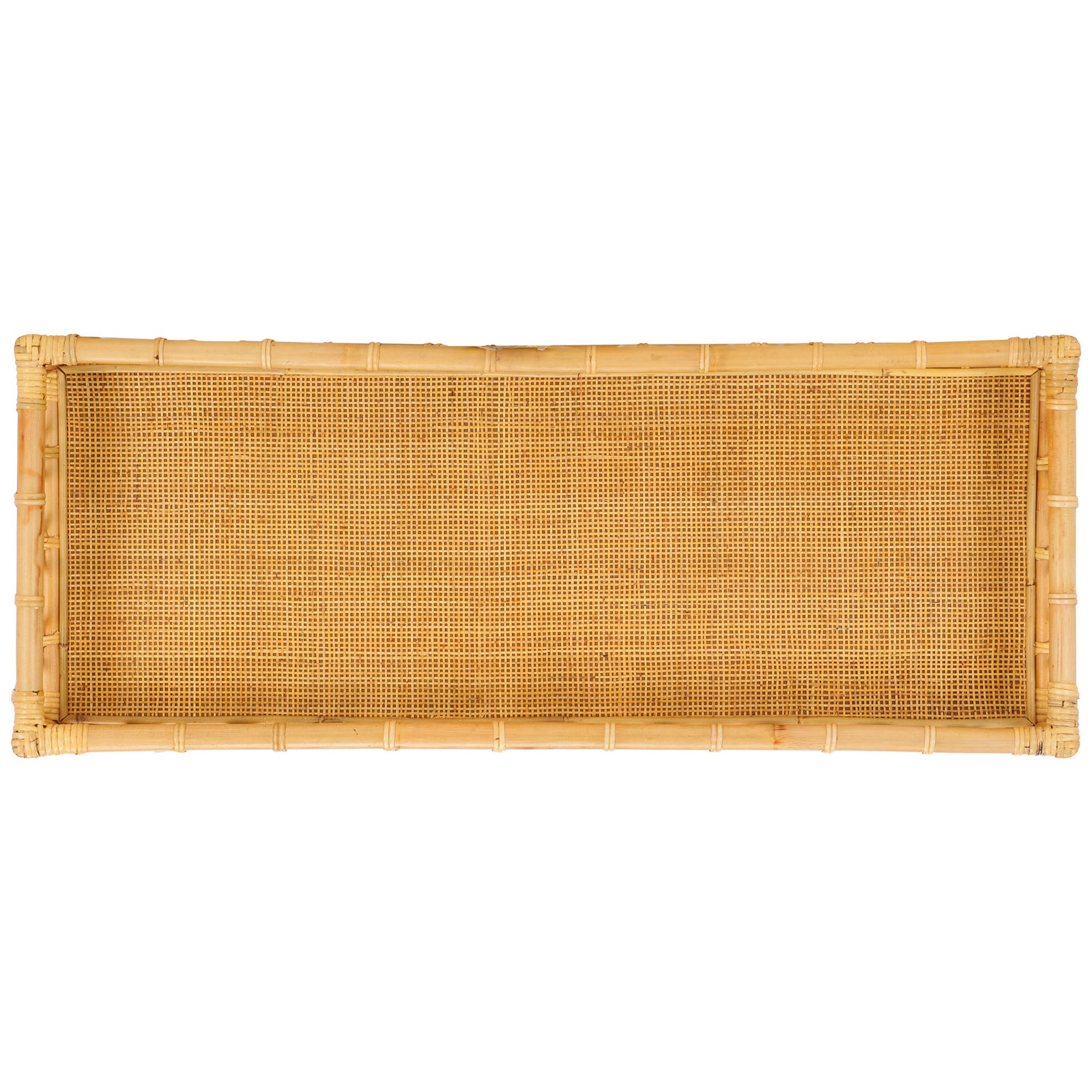 A finely woven natural rattan surface fills the console's shallow, raised-edge upper shelf || STG6509A || top_studio