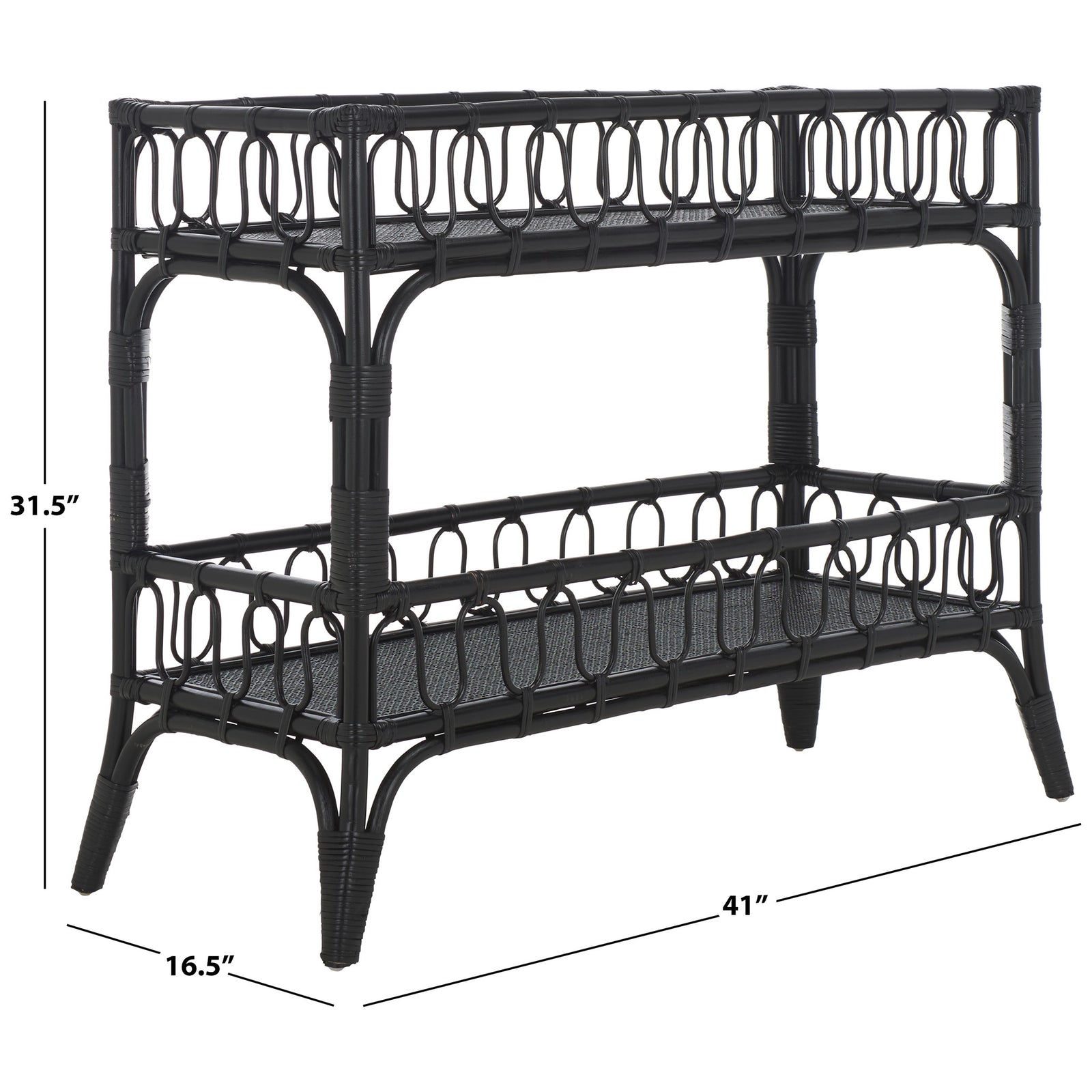 Black rattan console measures 41 inches wide, 16.5 inches deep, and 31.5 inches high || STG6509B || dimension_studio