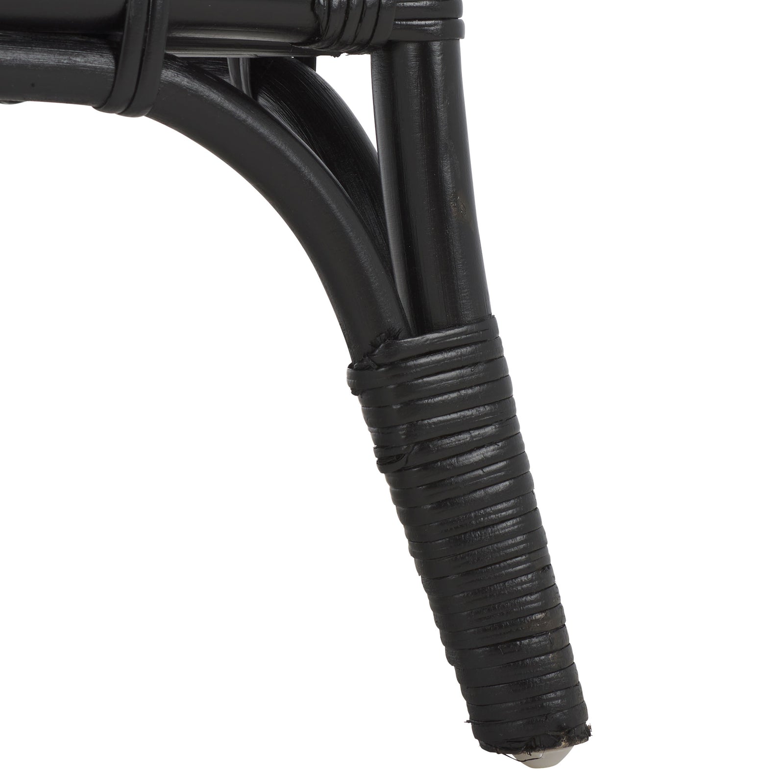 A black rattan leg flares outward beneath a curved brace and tightly wrapped binding || STG6509B || leg_studio