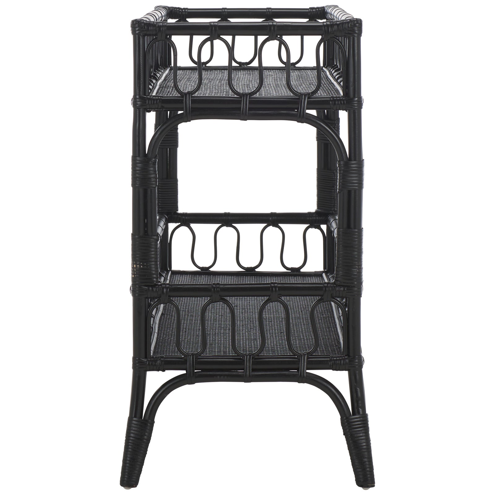 Curved braces support two basketlike shelves on the slim black rattan console || STG6509B || side_studio