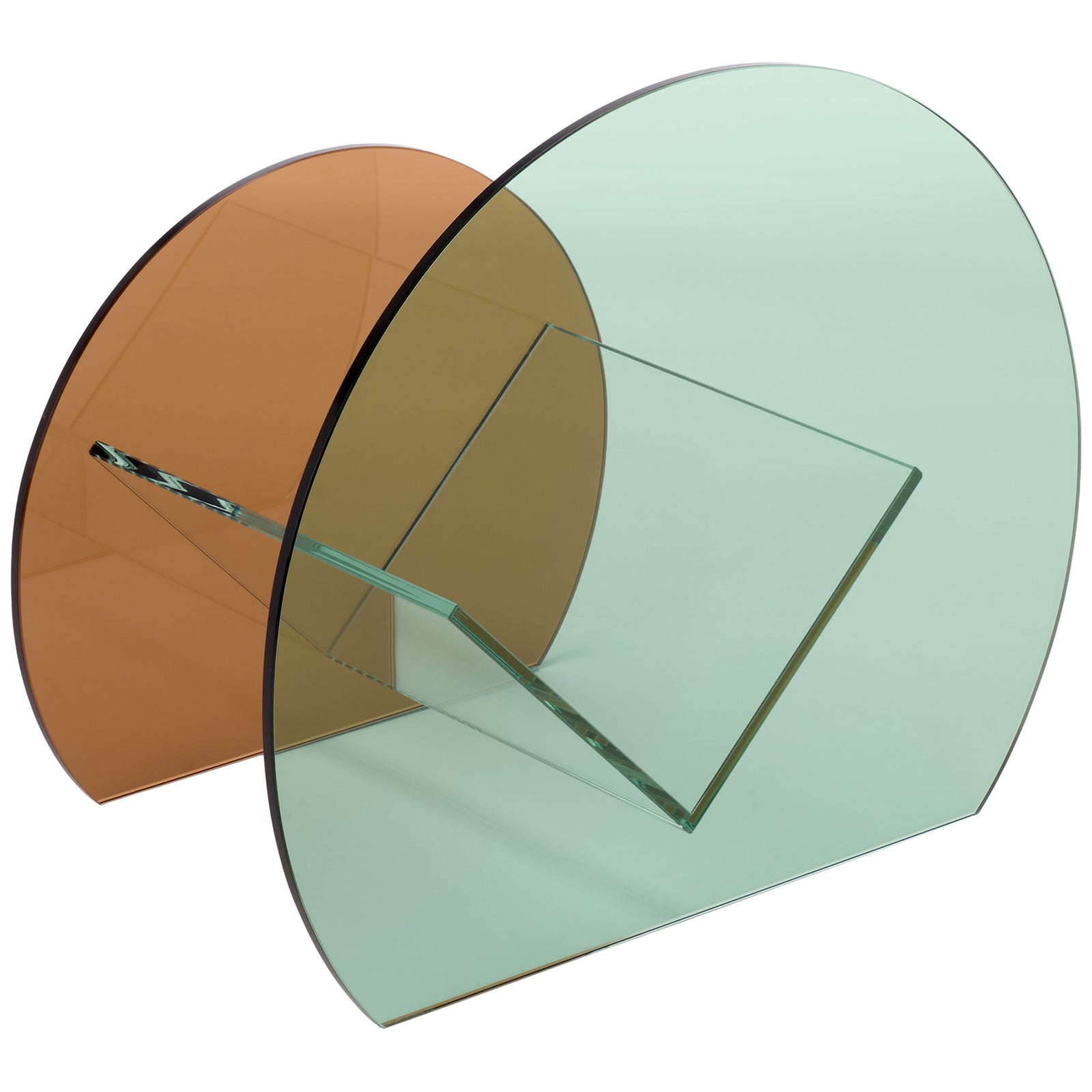 Staggered amber and pale green glass arches give this book display an airy, sculptural profile. || STG7300A || back_angle_studio