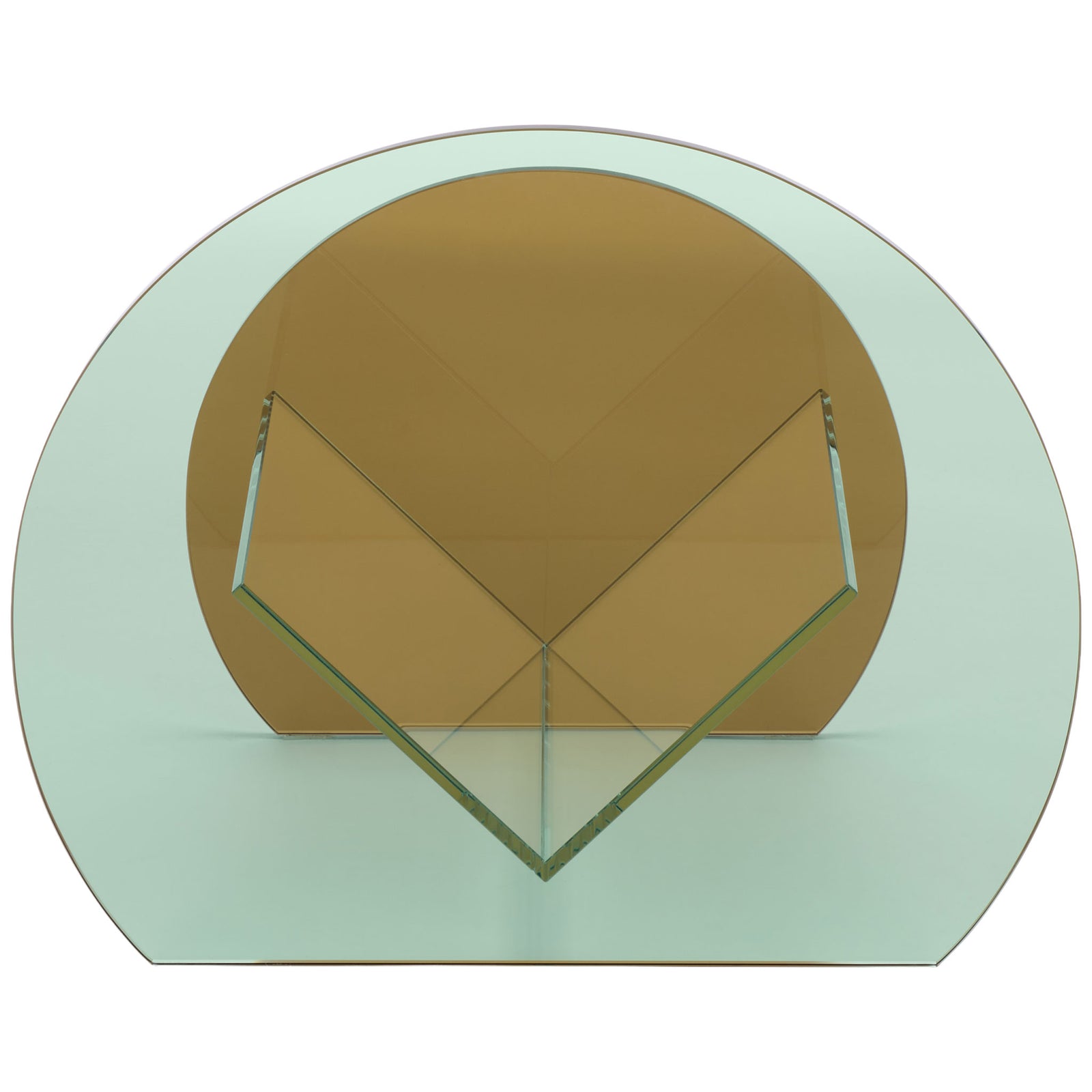 A pale green glass arch sweeps around a warm amber panel and a transparent book cradle. || STG7300A || back_studio
