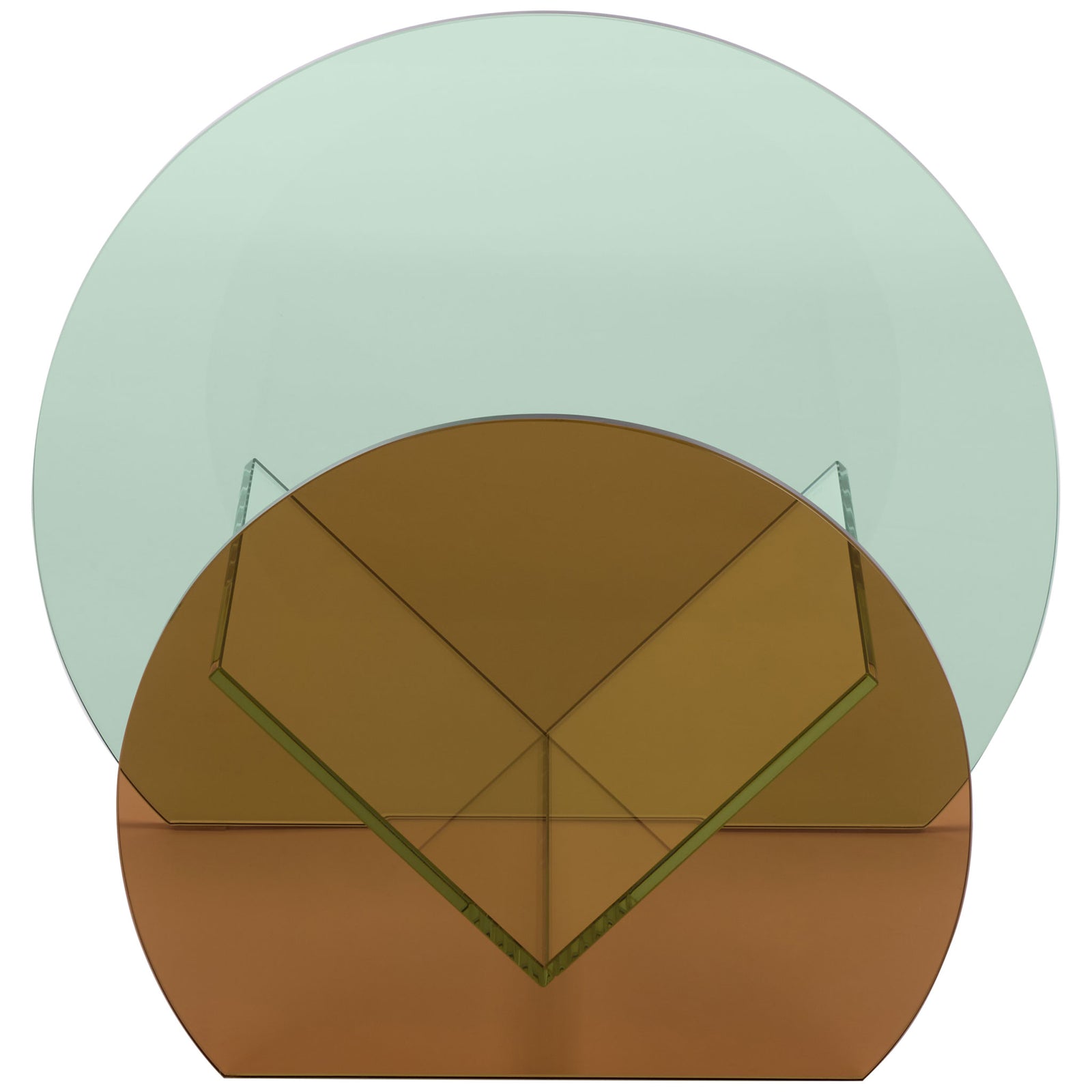 A warm amber arch sits before a taller pale green arch, framing a V-shaped cradle for books. || STG7300A || front_studio
