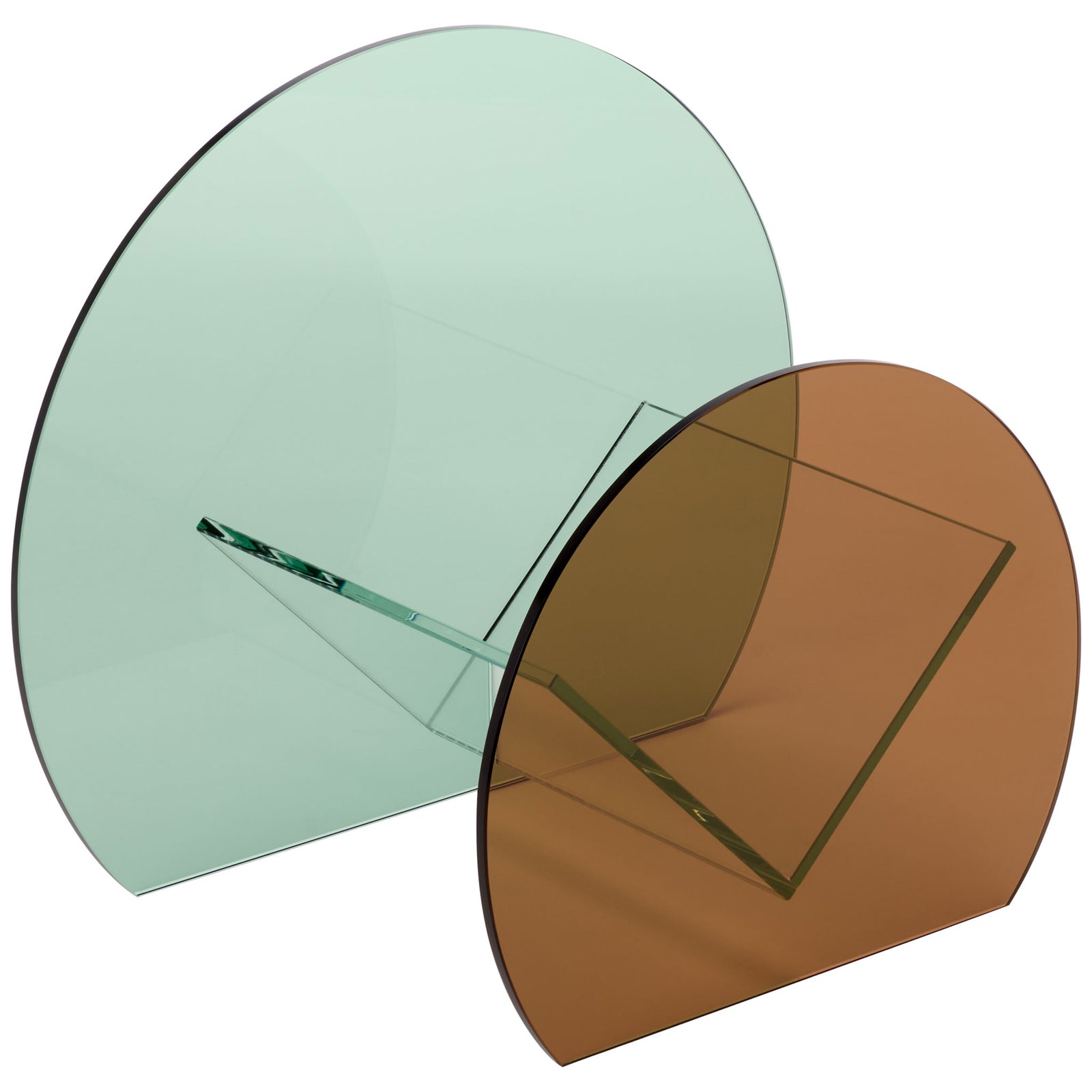 Translucent green and amber panels balance a clear glass cradle in a modern, sculptural design. || STG7300A || front_angle_studio