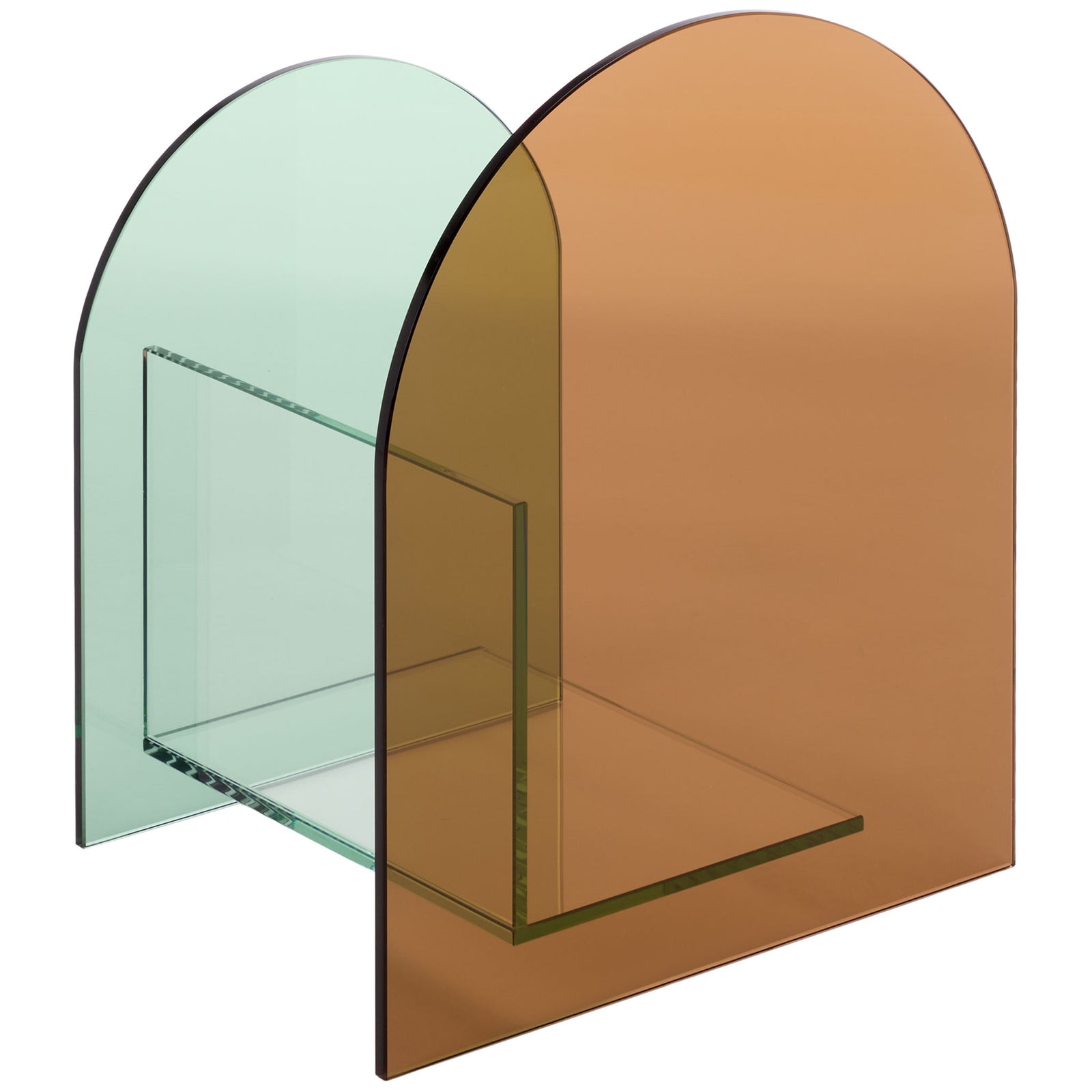 Curved amber and pale green panels frame a transparent shelf with sculptural flair || STG7301A || back_angle_studio