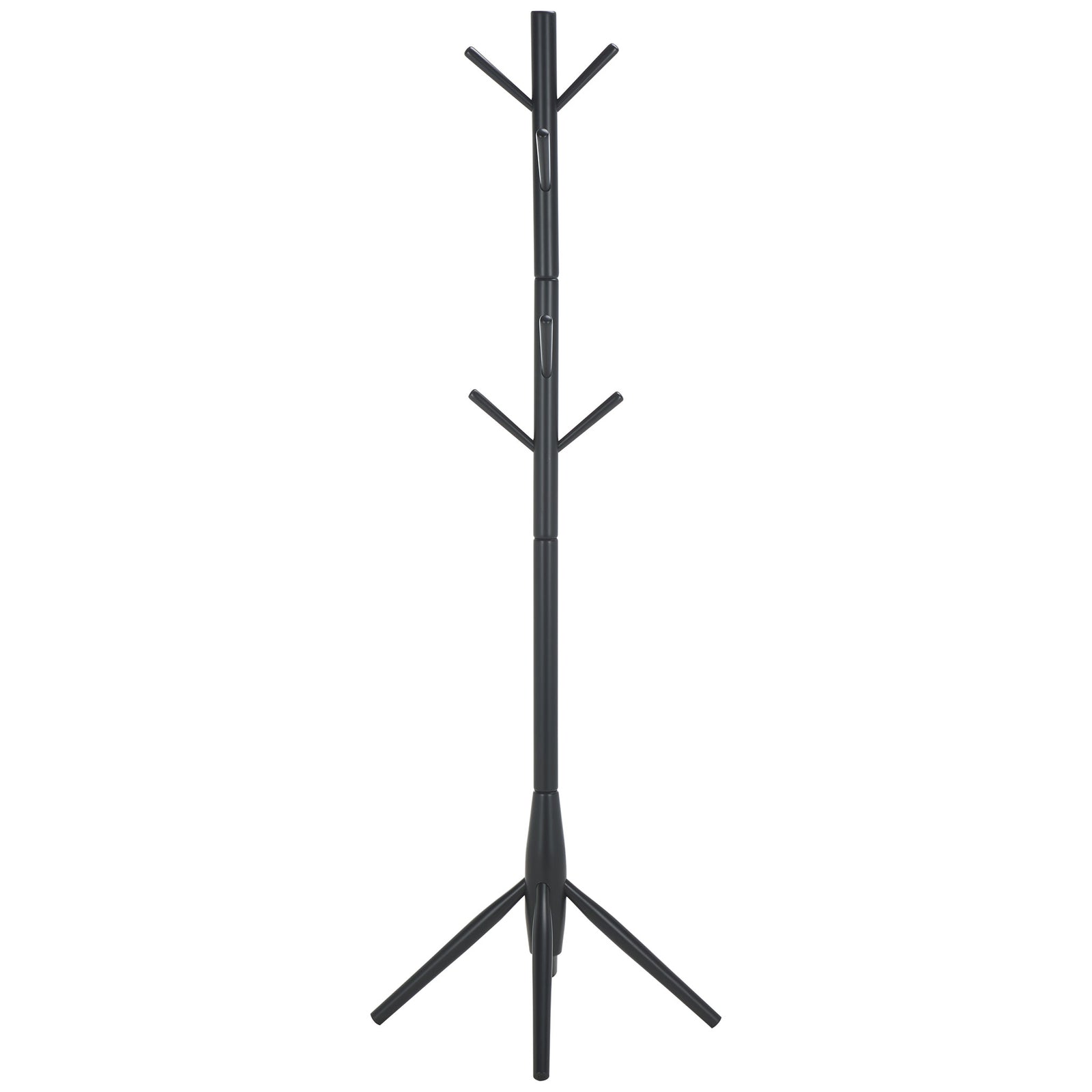 Minimalist black coat stand balances branching hooks on long, angled feet || STG8500A || side_studio