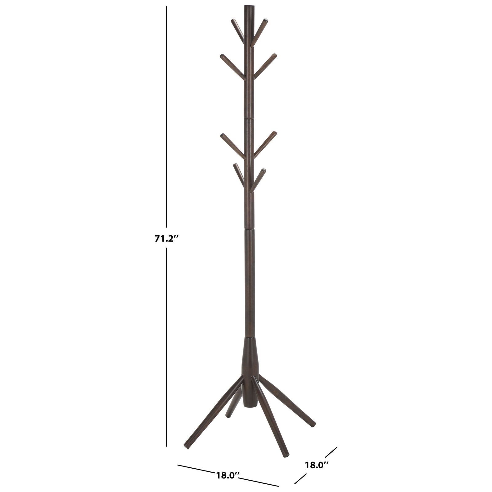 Dark walnut coat stand measures 18 inches wide and deep and 71.2 inches tall || STG8500B || dimension_studio