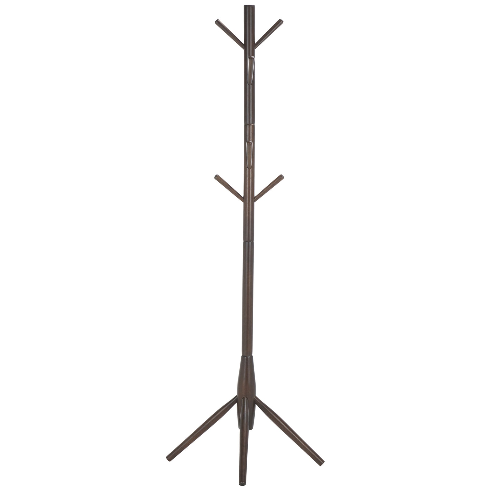 Dark walnut coat stand shows its clean vertical post and widely spread wooden feet || STG8500B || side_studio