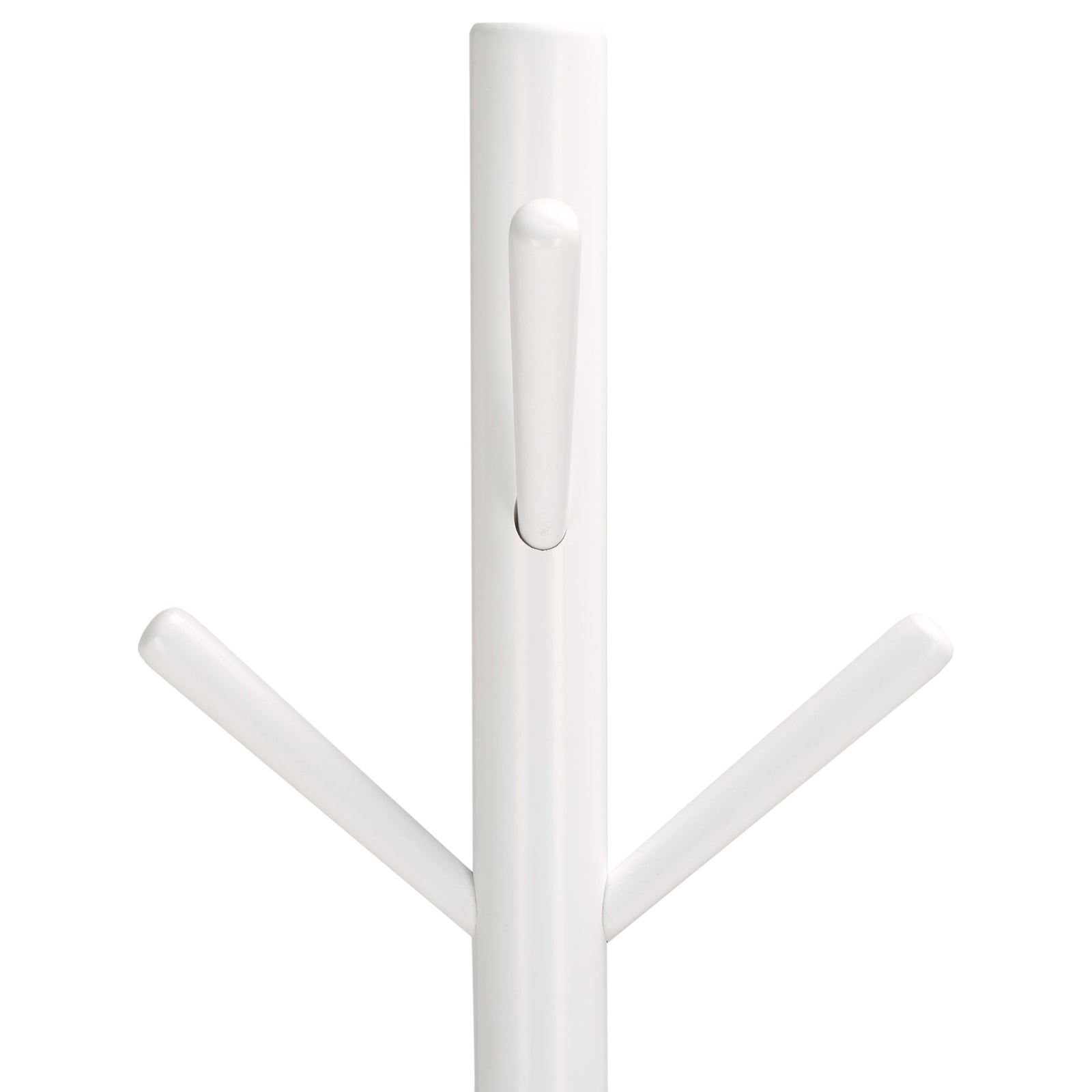 Whitewashed wooden hooks angle upward from the coat stand's smooth central post || STG8500C || detail_studio