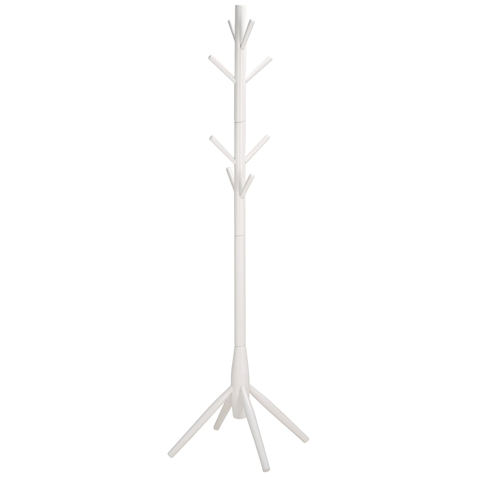 Whitewashed wood coat stand features tiered hooks and a splayed base || STG8500C || front_studio