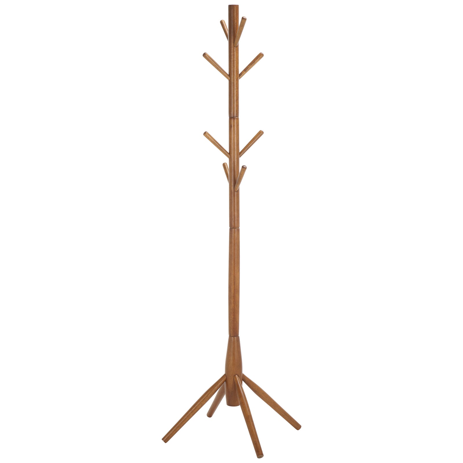 Warm honey-finished wood coat stand has branching hooks and a splayed base || STG8500D || front_studio