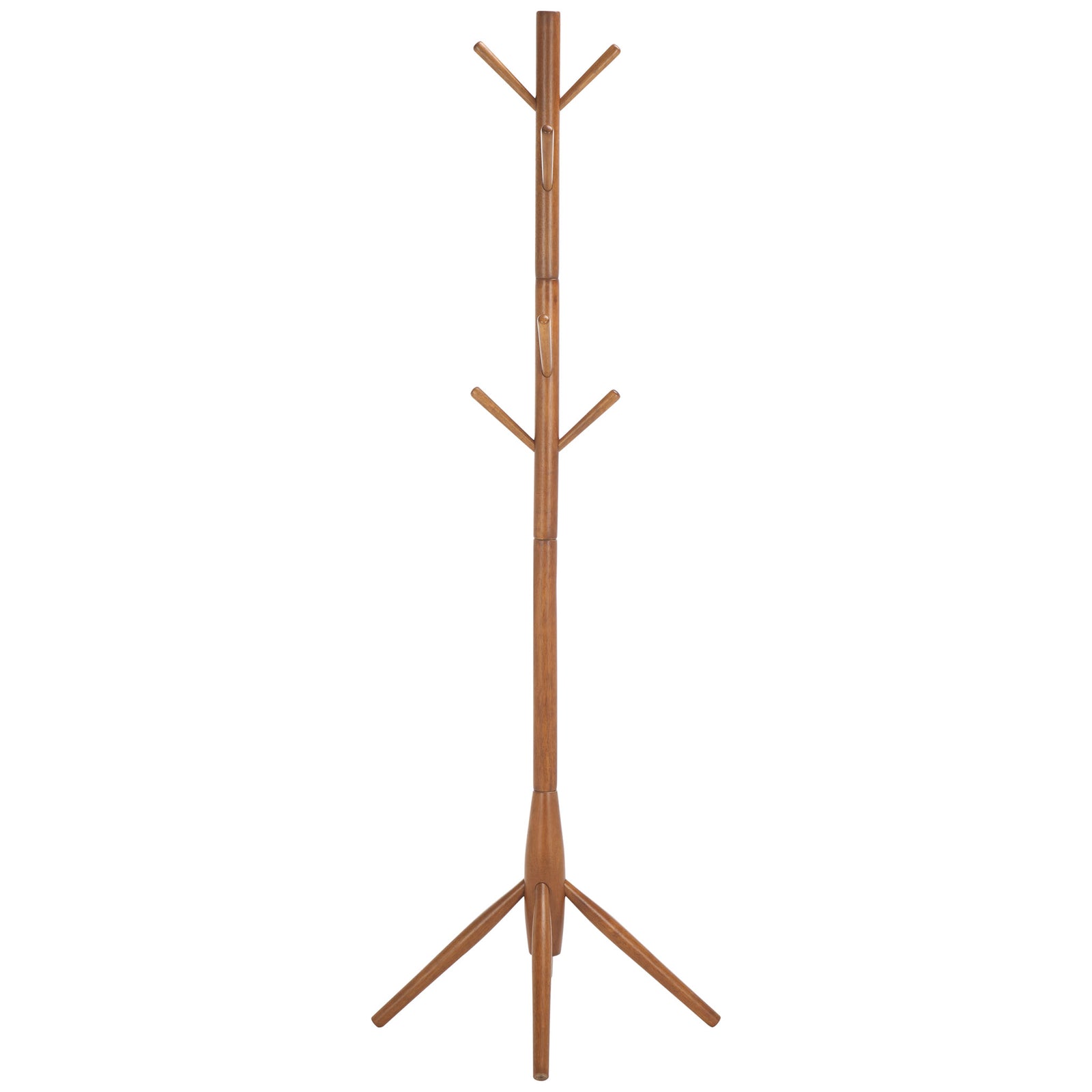 Honey wood coat stand pairs rounded hanging hooks with clean, angled support legs || STG8500D || side_studio