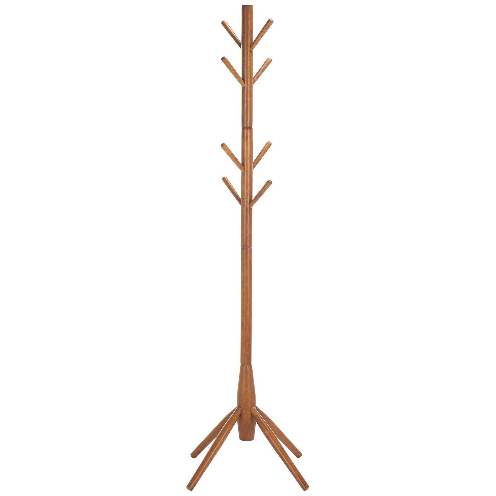 Slender honey-colored post supports tiers of angled hooks above splayed feet || STG8500D || side_studio