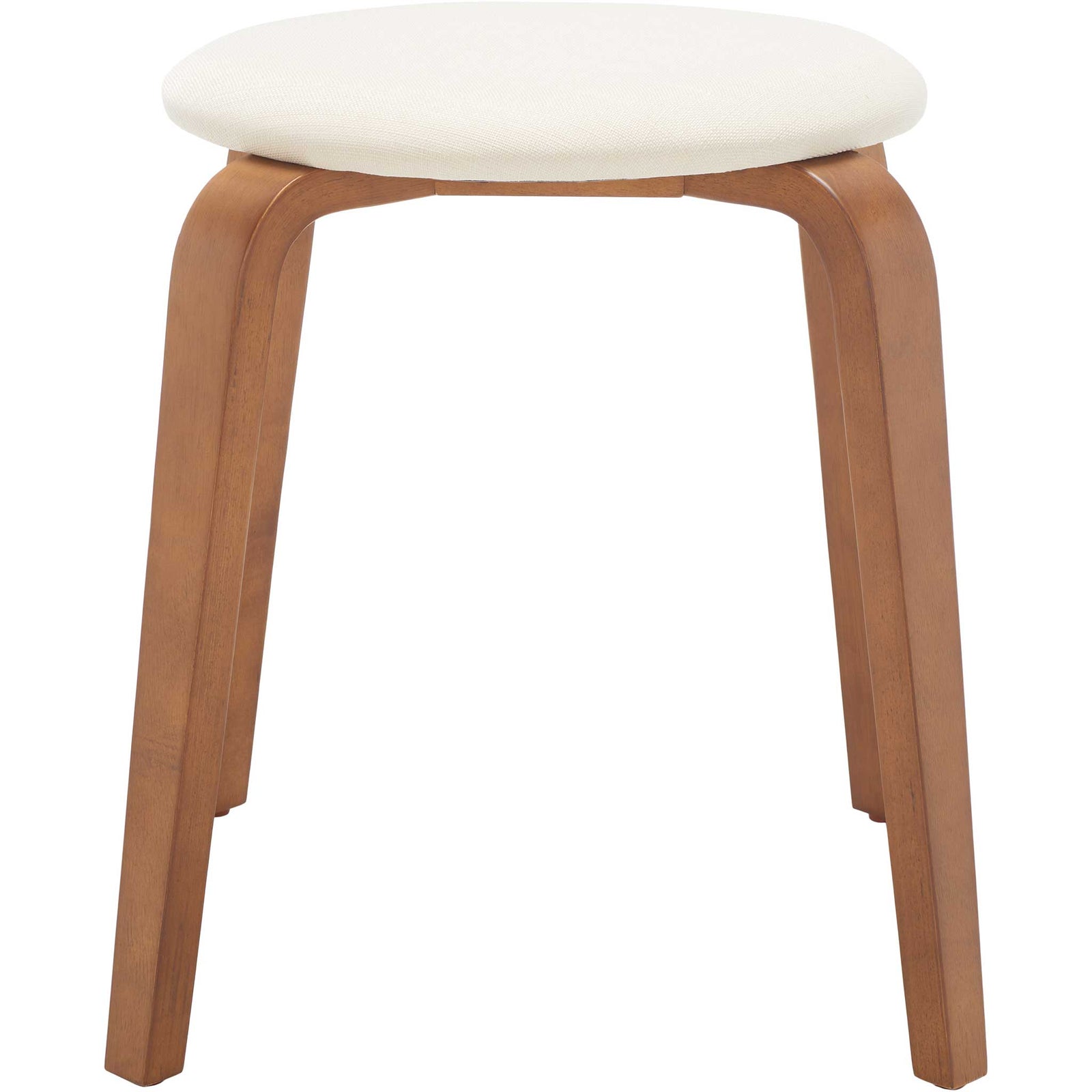 Round cream linen seat tops sculpted walnut bentwood legs for a sleek, modern accent stool || STL1001B || front_studio