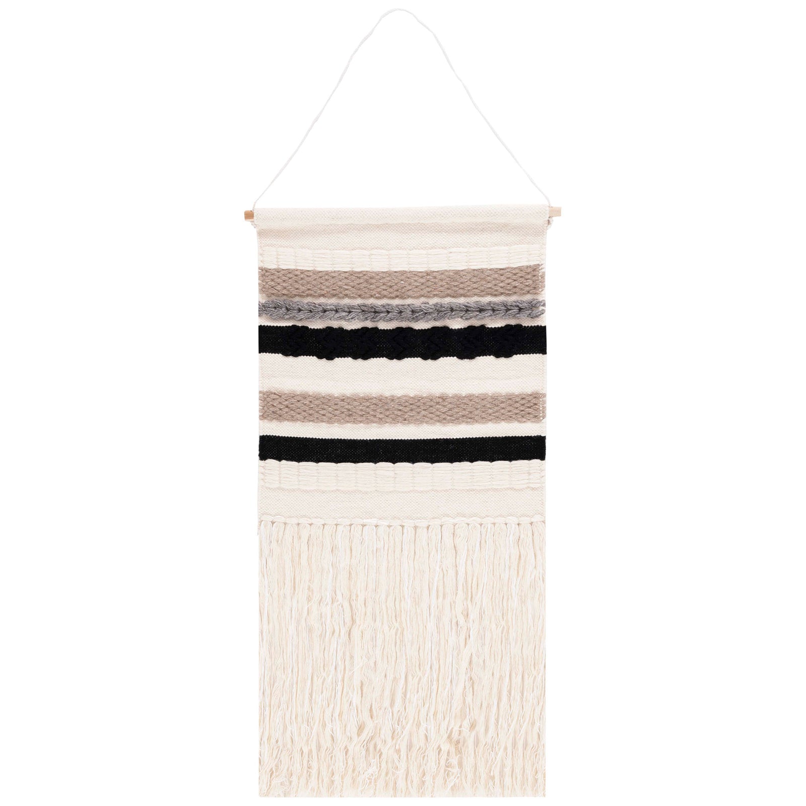 Ivory wool tapestry pairs textured black and taupe horizontal bands with long, soft ivory fringe. || SWA121Z-2 || front_studio