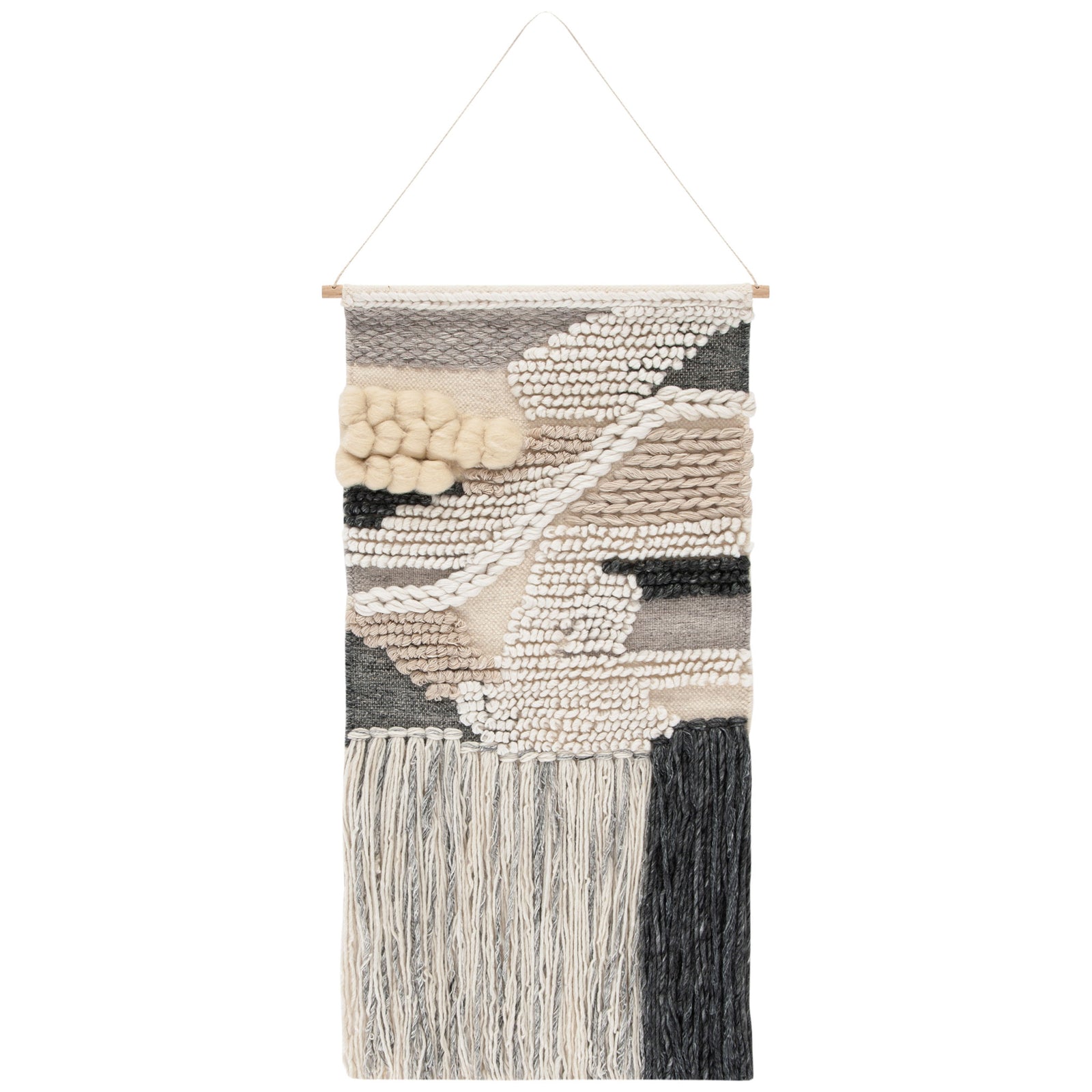 Abstract ivory and gray weave blends raised loops, a diagonal braid, and two-tone fringe. || SWA143-2 || front_studio