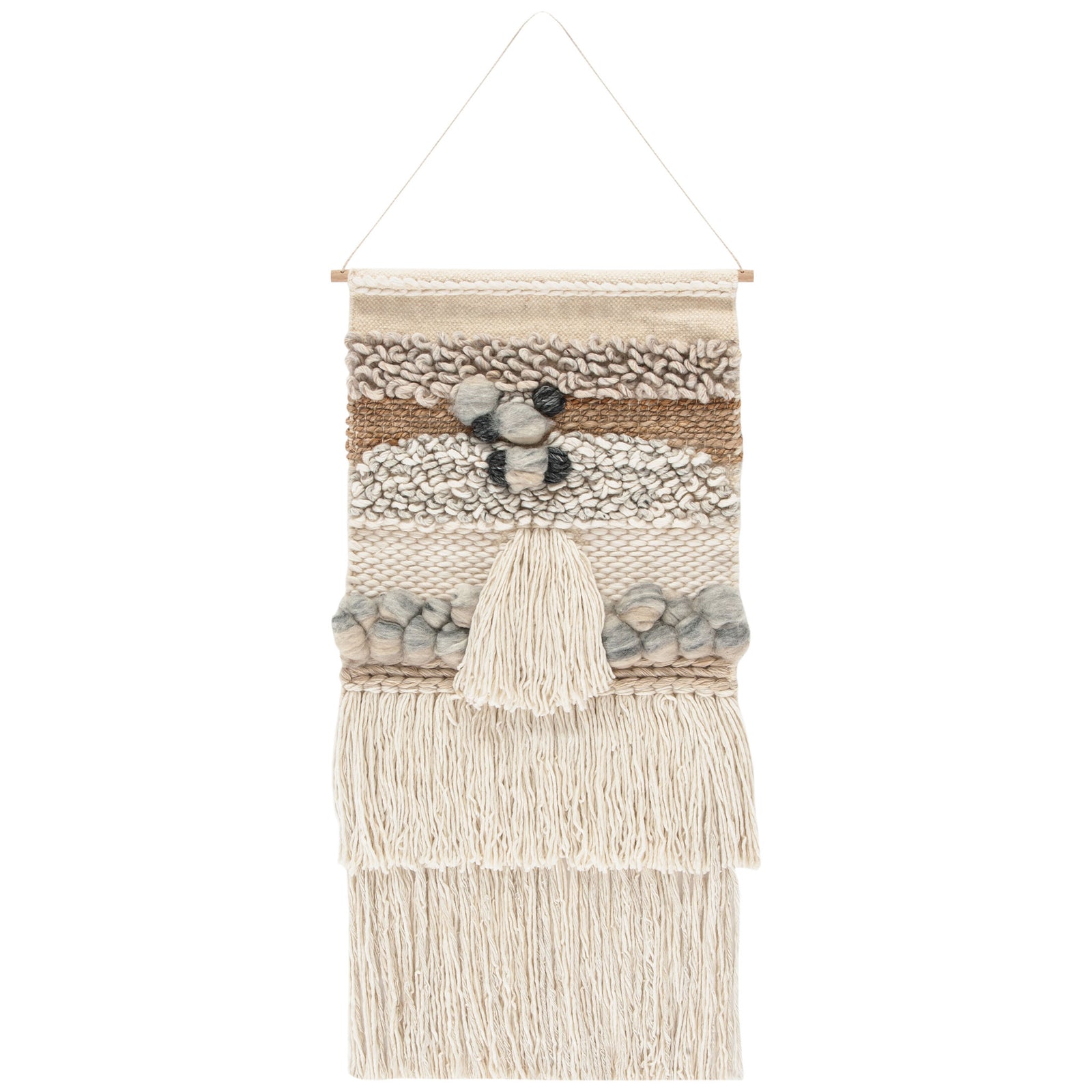 Chunky ivory weaving meets gray pom-poms and a central tassel above tiers of flowing fringe. || SWA144-2 || front_studio