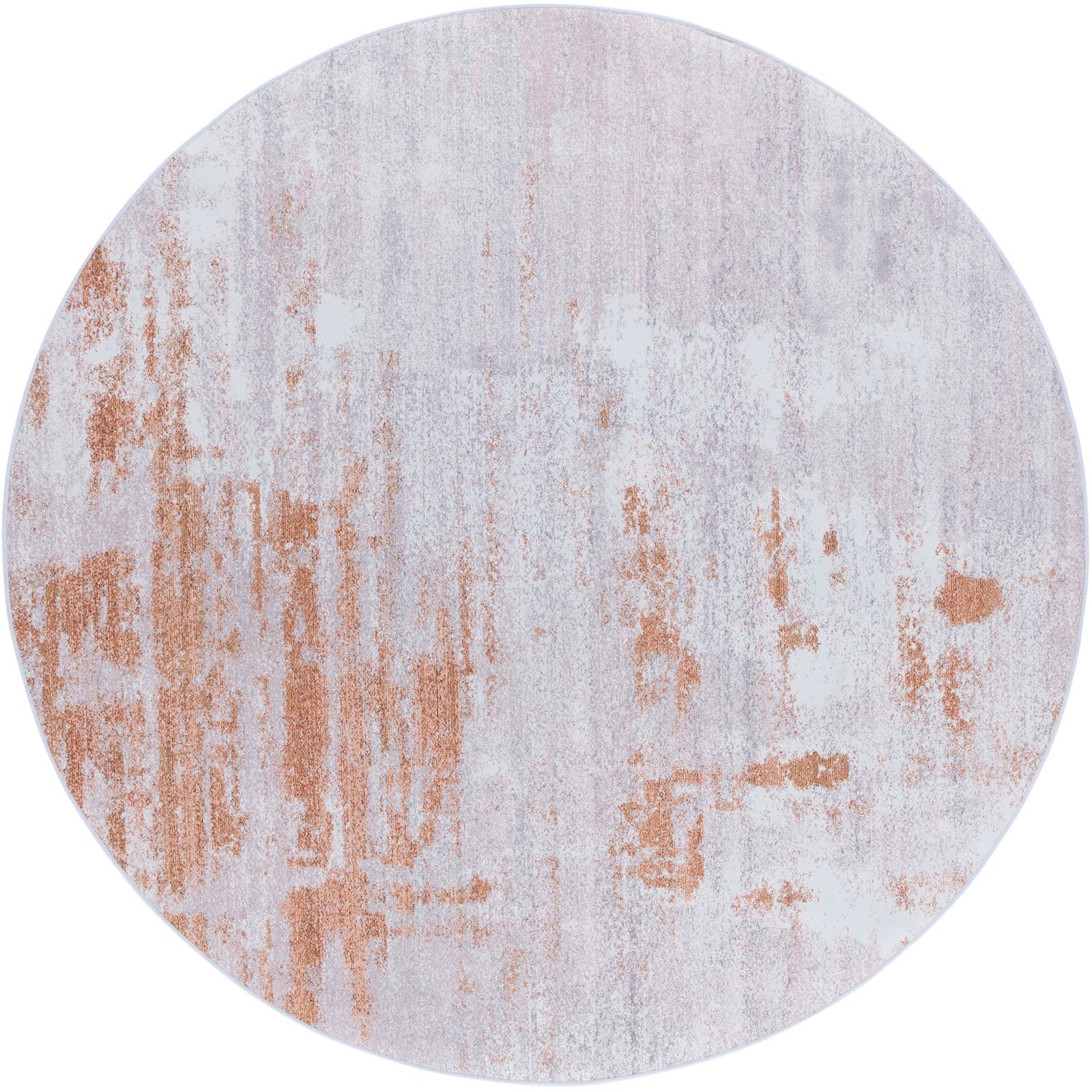 Round rug with abstract gray and rust pattern, machine washable with slip-resistant backing. || TAC808P-6R || top_studio