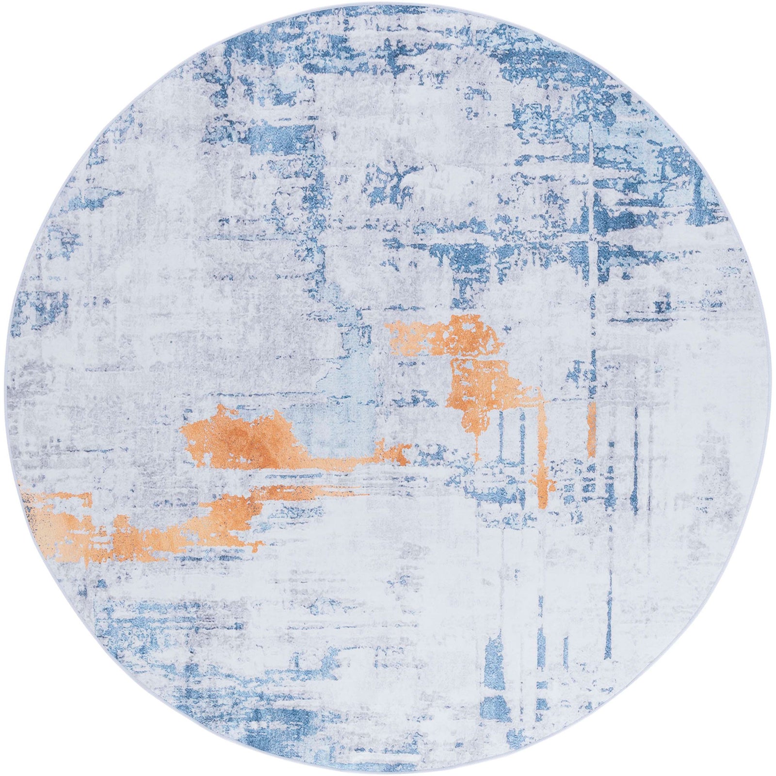 Round rug with abstract gray and blue design and bold gold accents in a modern, distressed look || TAC812F-6R || top_studio