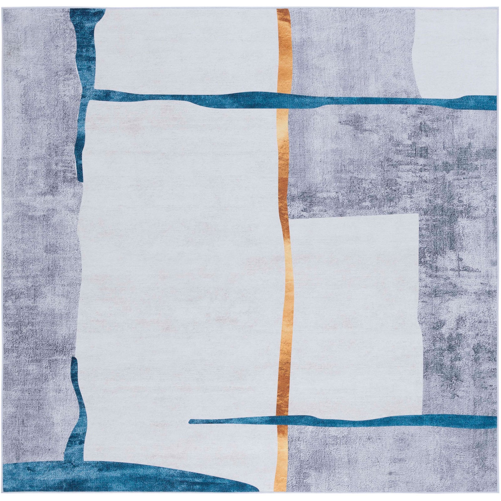 Square abstract rug in gray with teal and gold accents for easy care and modern style || TAC820F-6SQ || top_studio