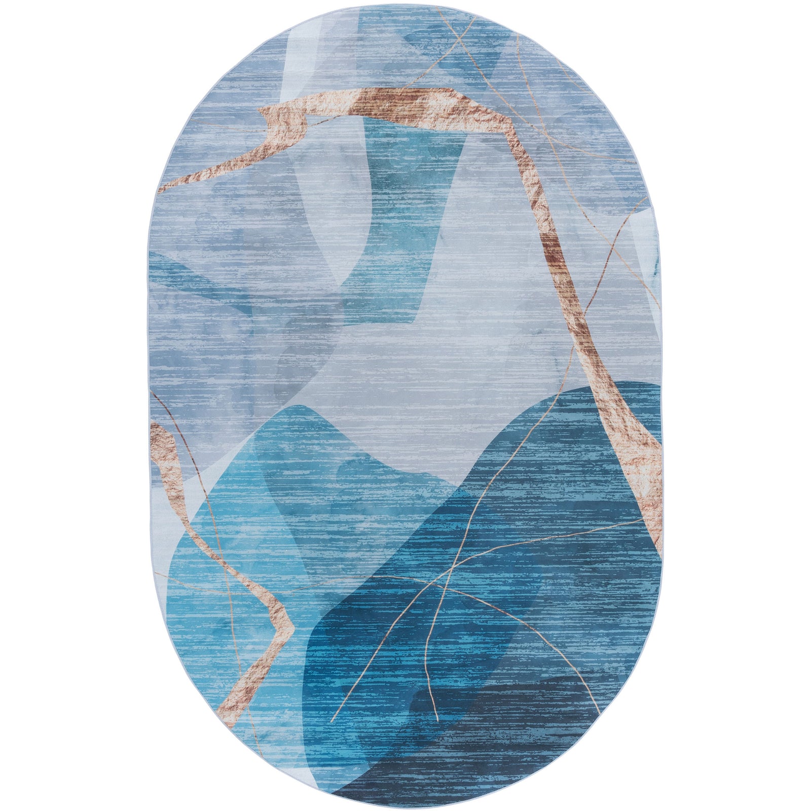 Abstract oval rug with cool blue layers and gold accents, finished with tidy serged edges. || TAC836M-5OV || top_studio