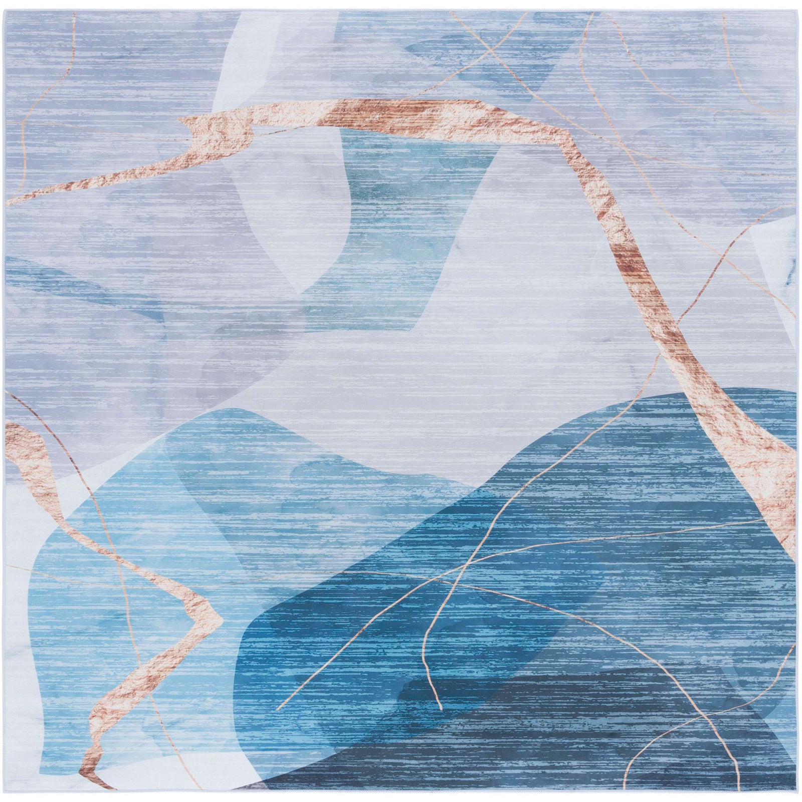 Square blue and gold abstract rug with soft gradients and copper-toned lines for a sleek modern vibe || TAC836M-6SQ || top_studio