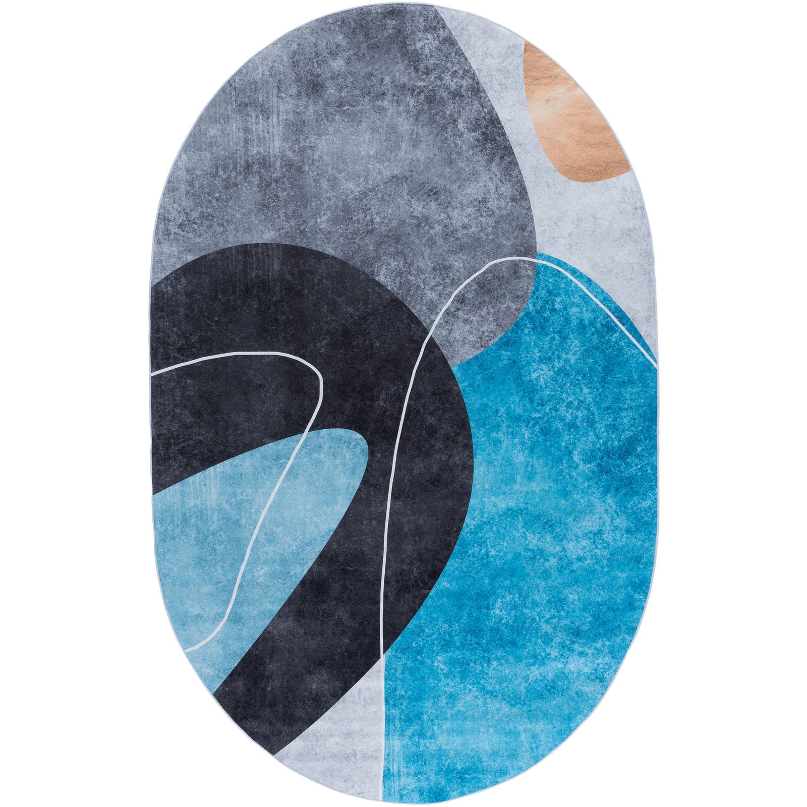 Oval rug features modern abstract shapes in charcoal, gray, and turquoise. || TAC837G-5OV || top_studio