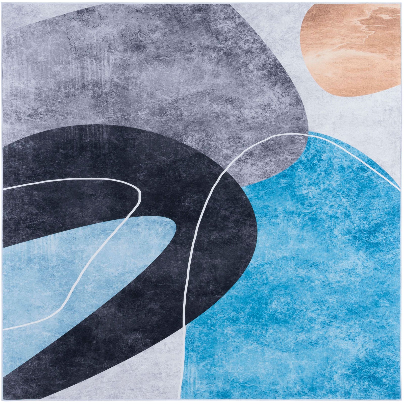 Square abstract rug in charcoal, gray, and turquoise with a warm tan accent || TAC837G-6SQ || top_studio