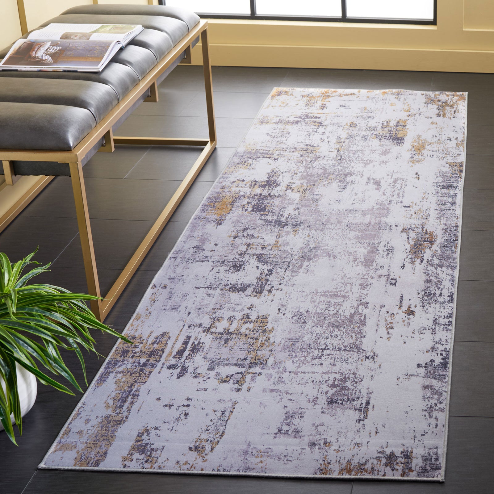 Gray and gold abstract runner rug adds a sleek, modern touch with its painterly texture || TAC863F-28 || front_angle_room