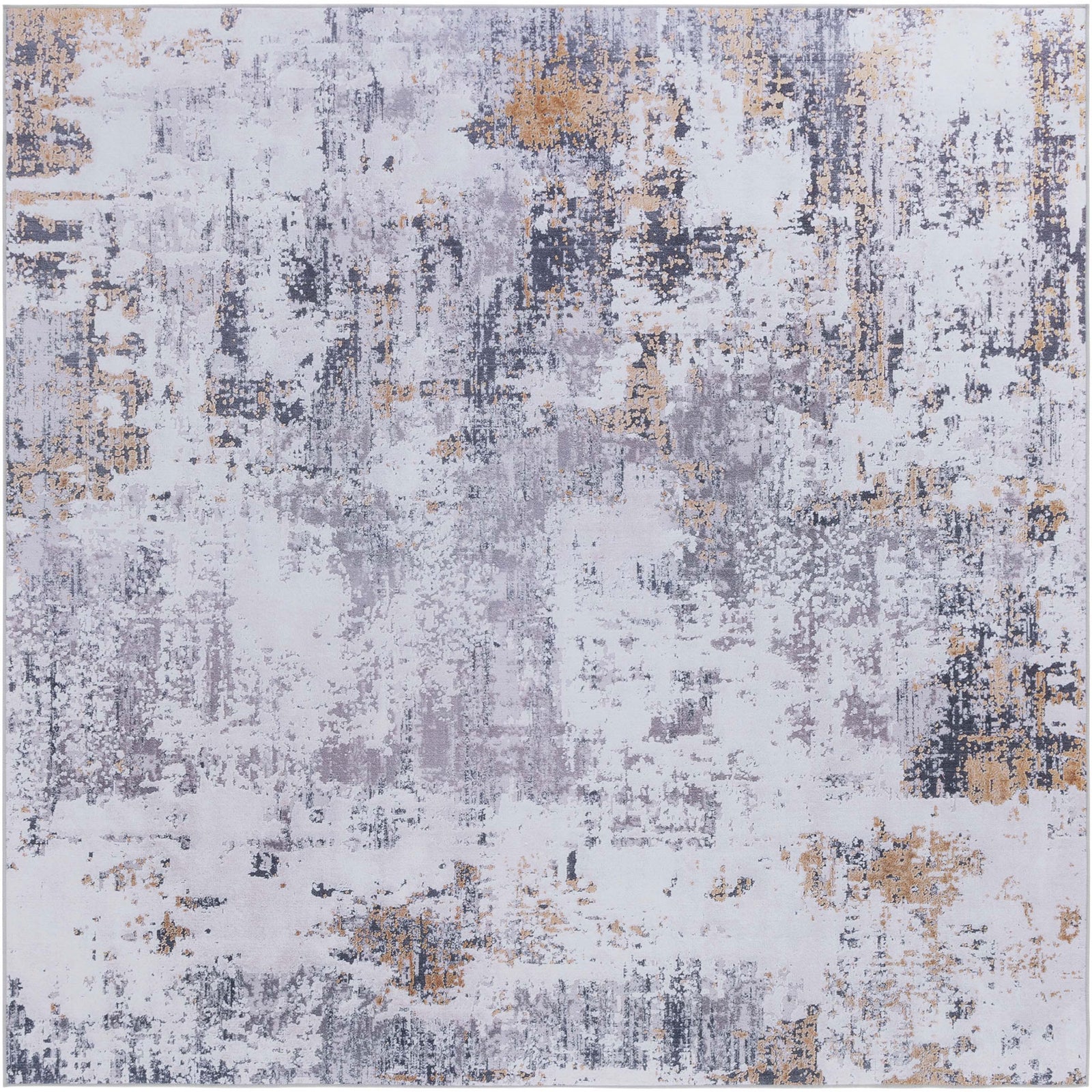 Square rug with abstract gray and gold design, evenly balanced patterning across the field. || TAC863F-6SQ || top_studio